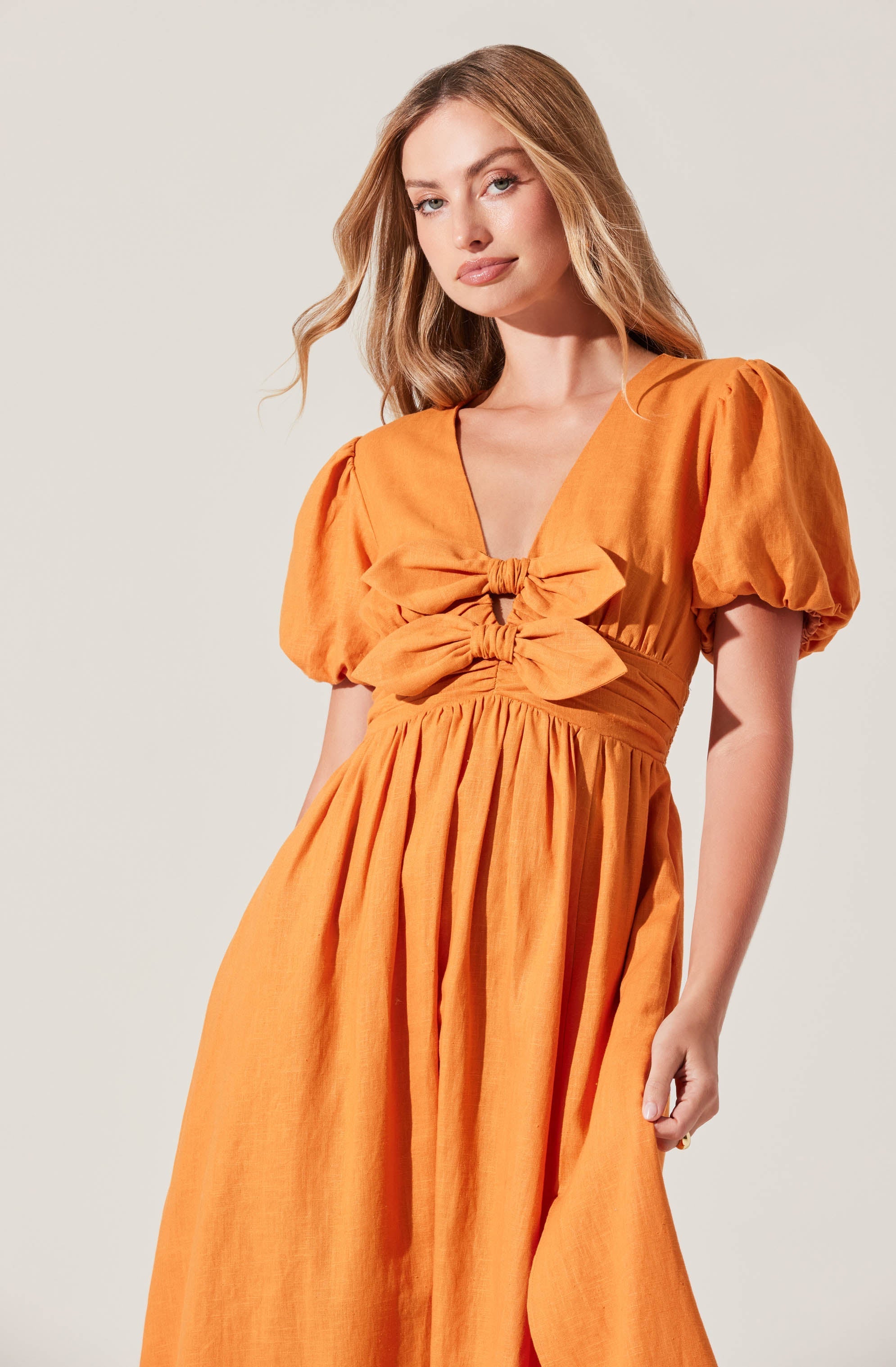Citrine Linen Bow Front Midi Dress