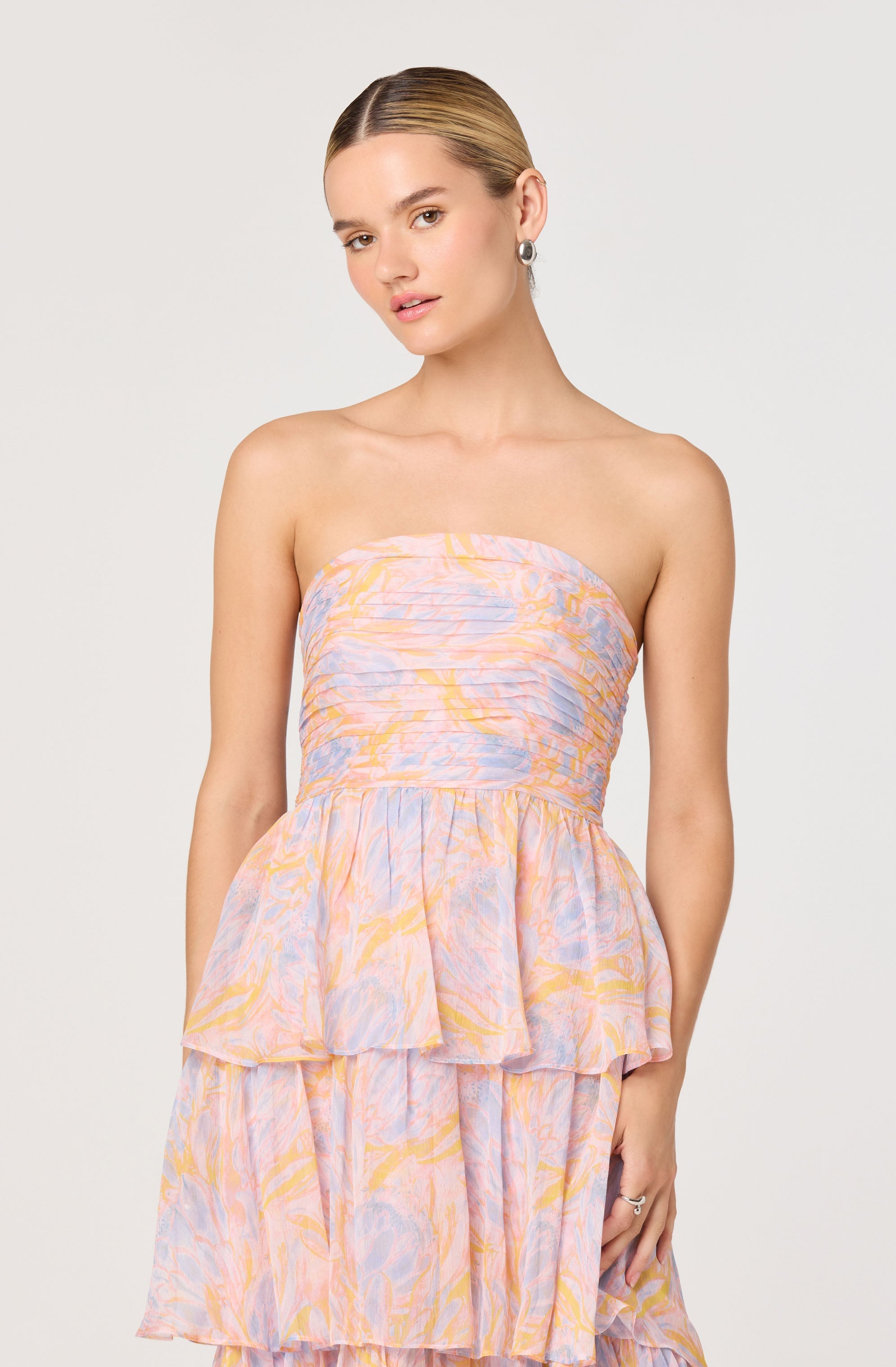 Anisha Strapless Floral Ruffle Maxi Dress