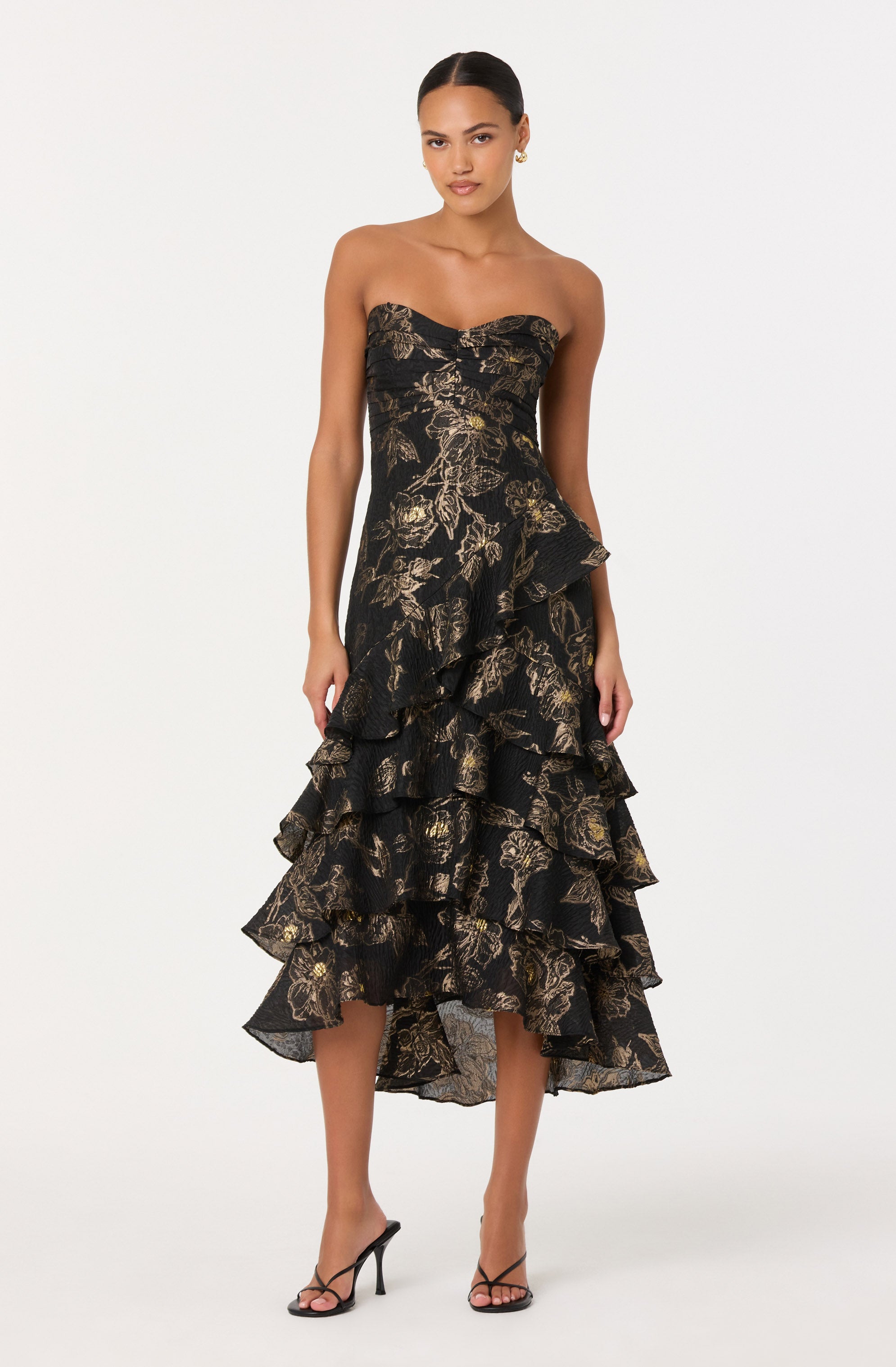 Marysia Strapless Metallic Floral Midi Dress