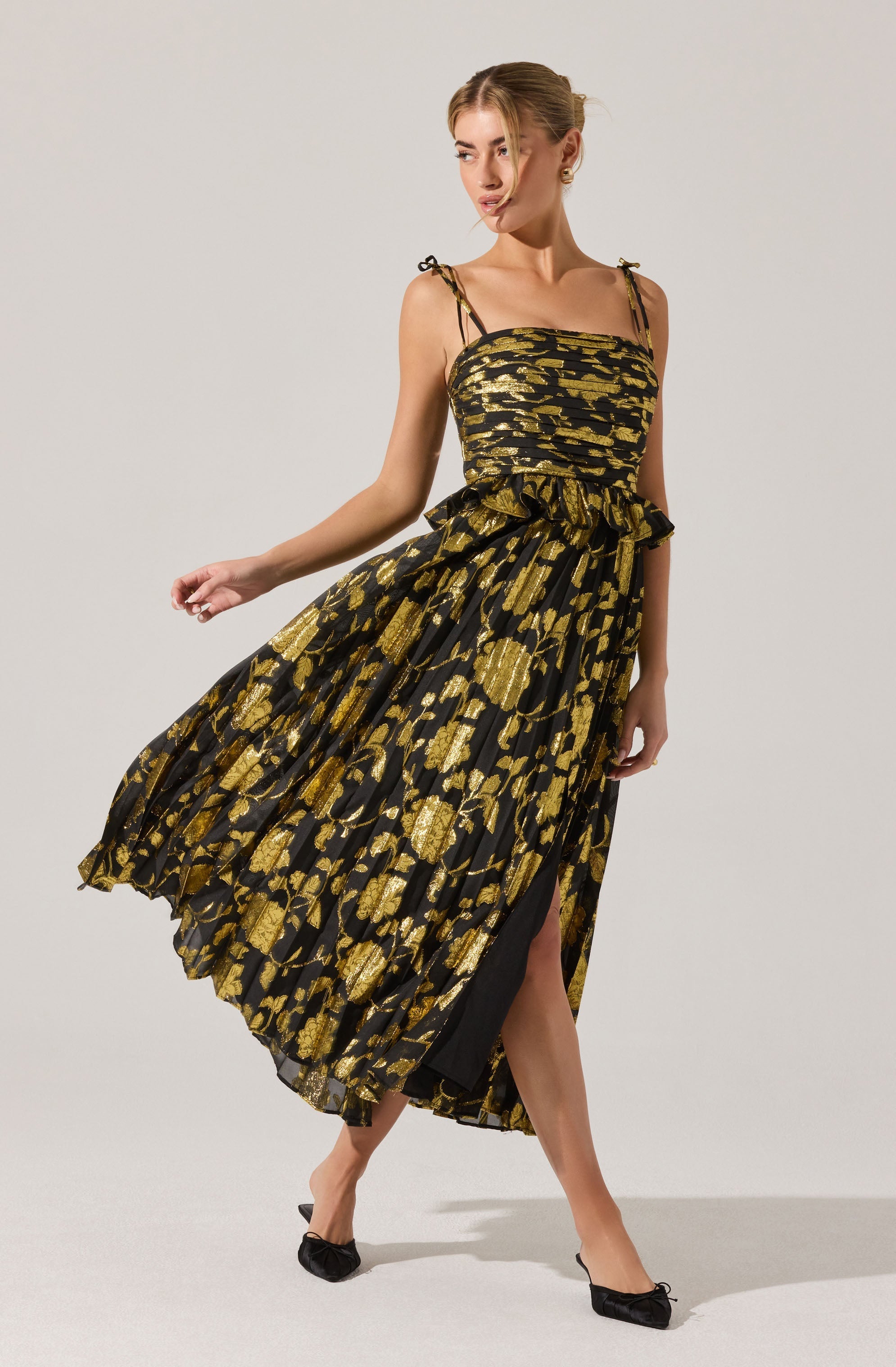 Emerys Pleated Metallic Floral Dress
