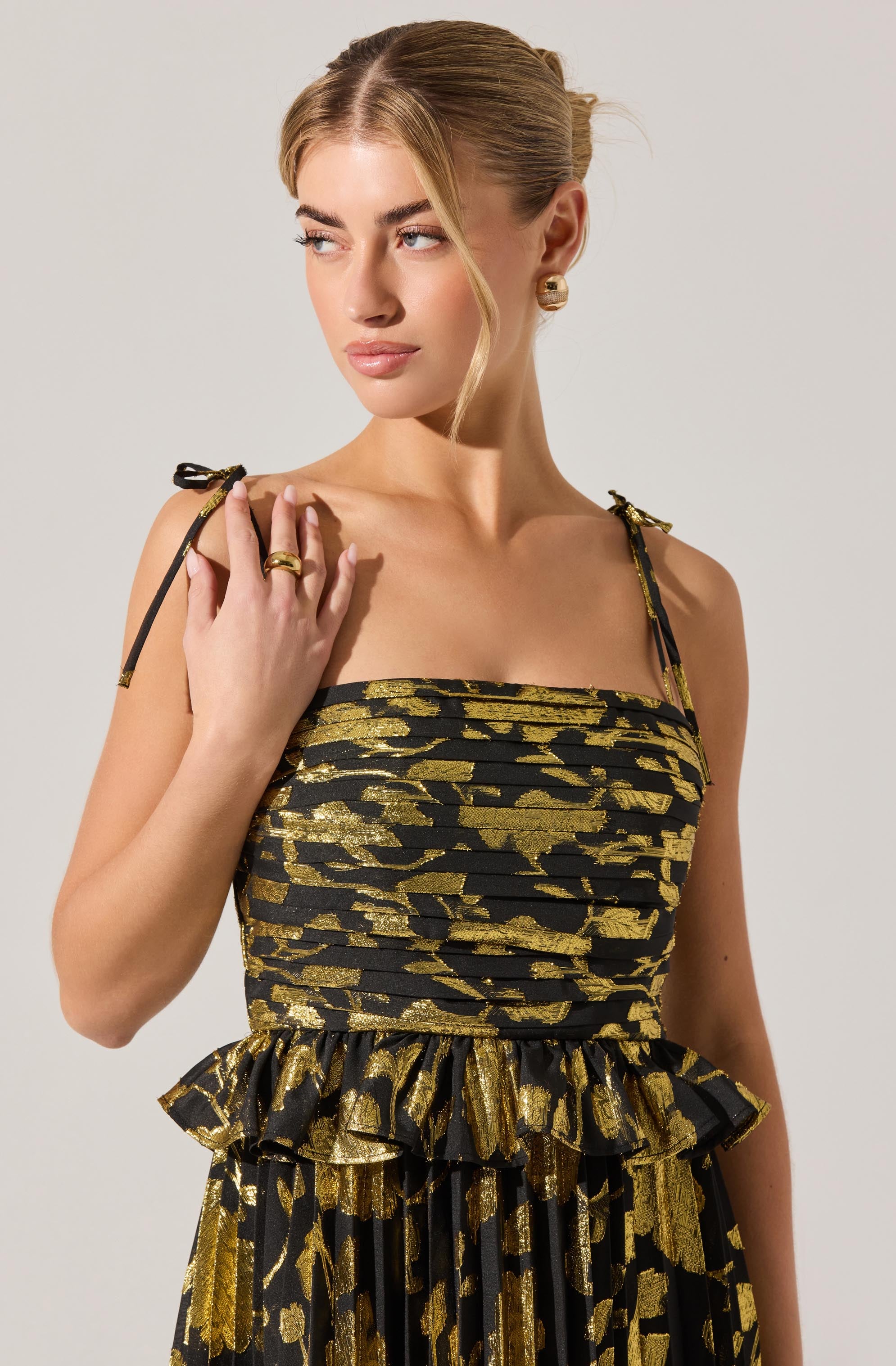Emerys Pleated Metallic Floral Dress