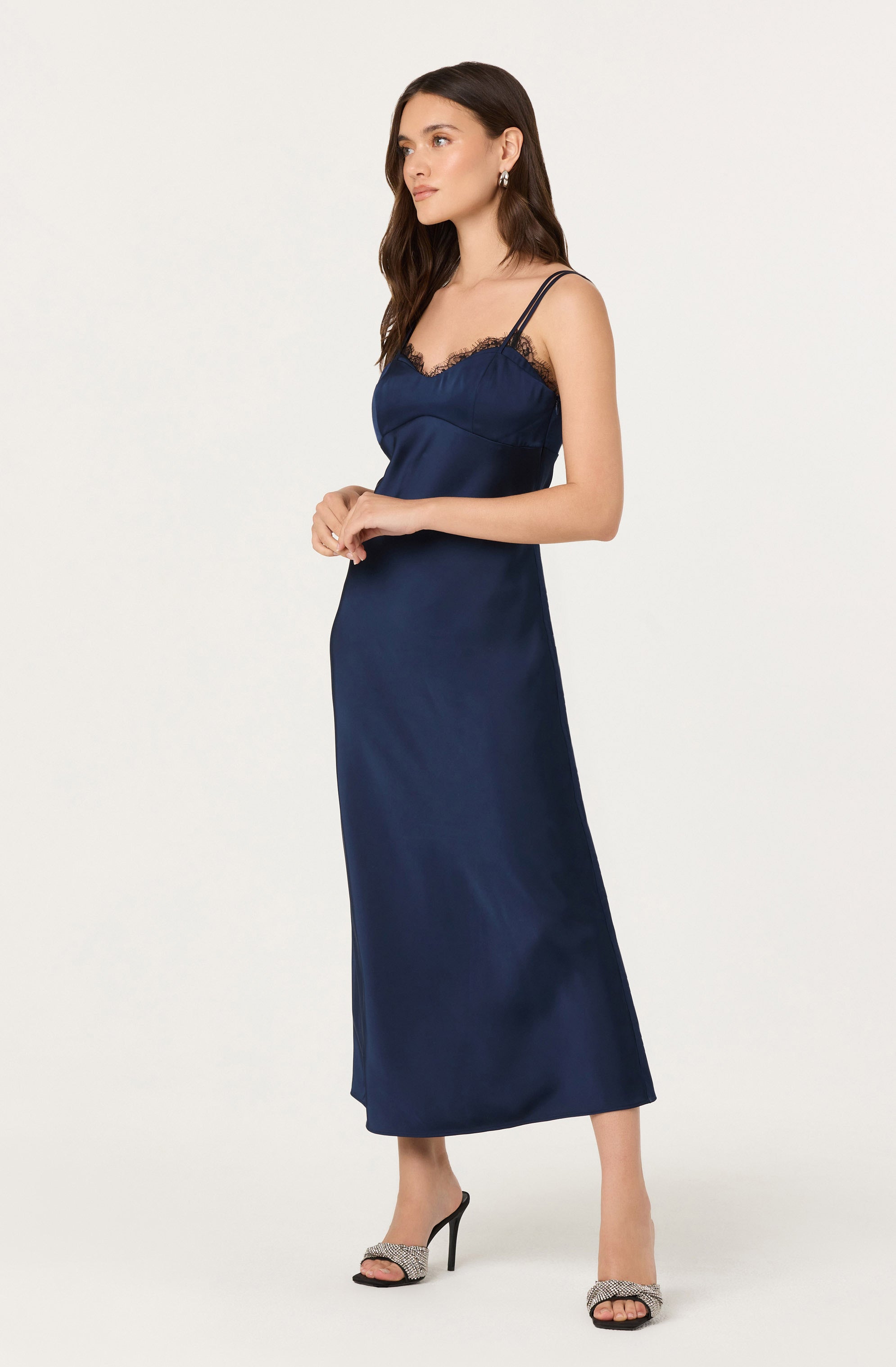 Nevaeh Satin Lace Trim Midi Dress