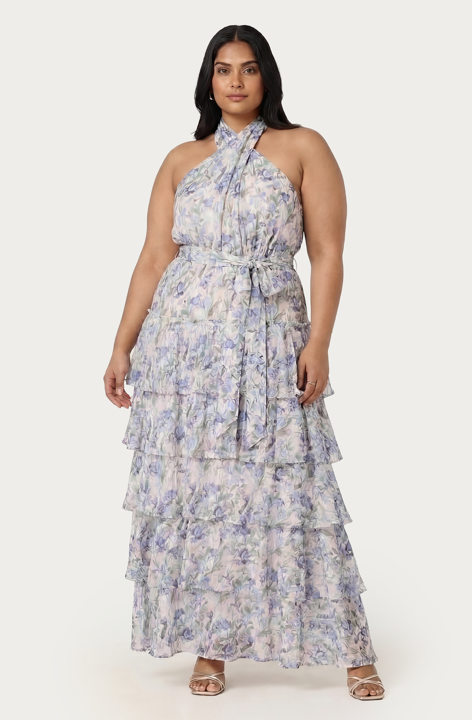 Adamaris Floral Ruffle Halter Maxi Dress