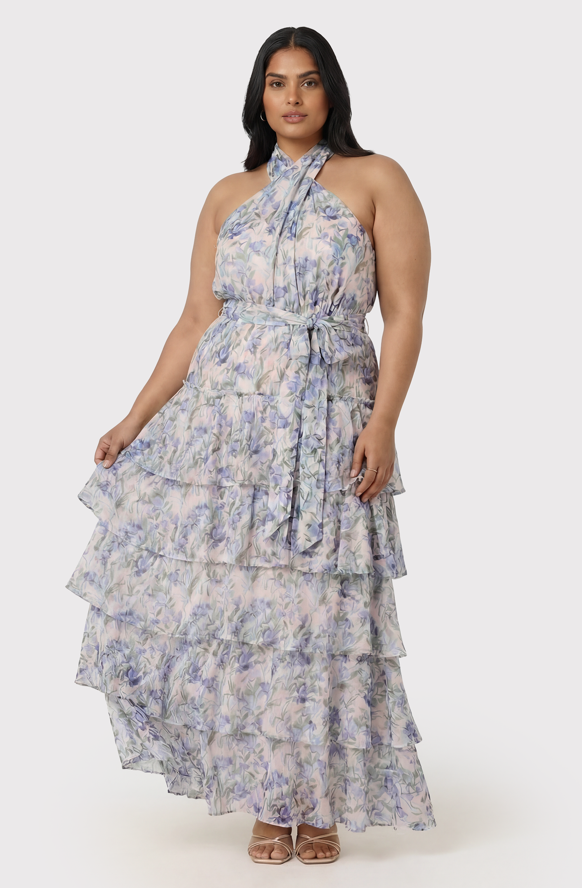 Adamaris Floral Ruffle Halter Maxi Dress