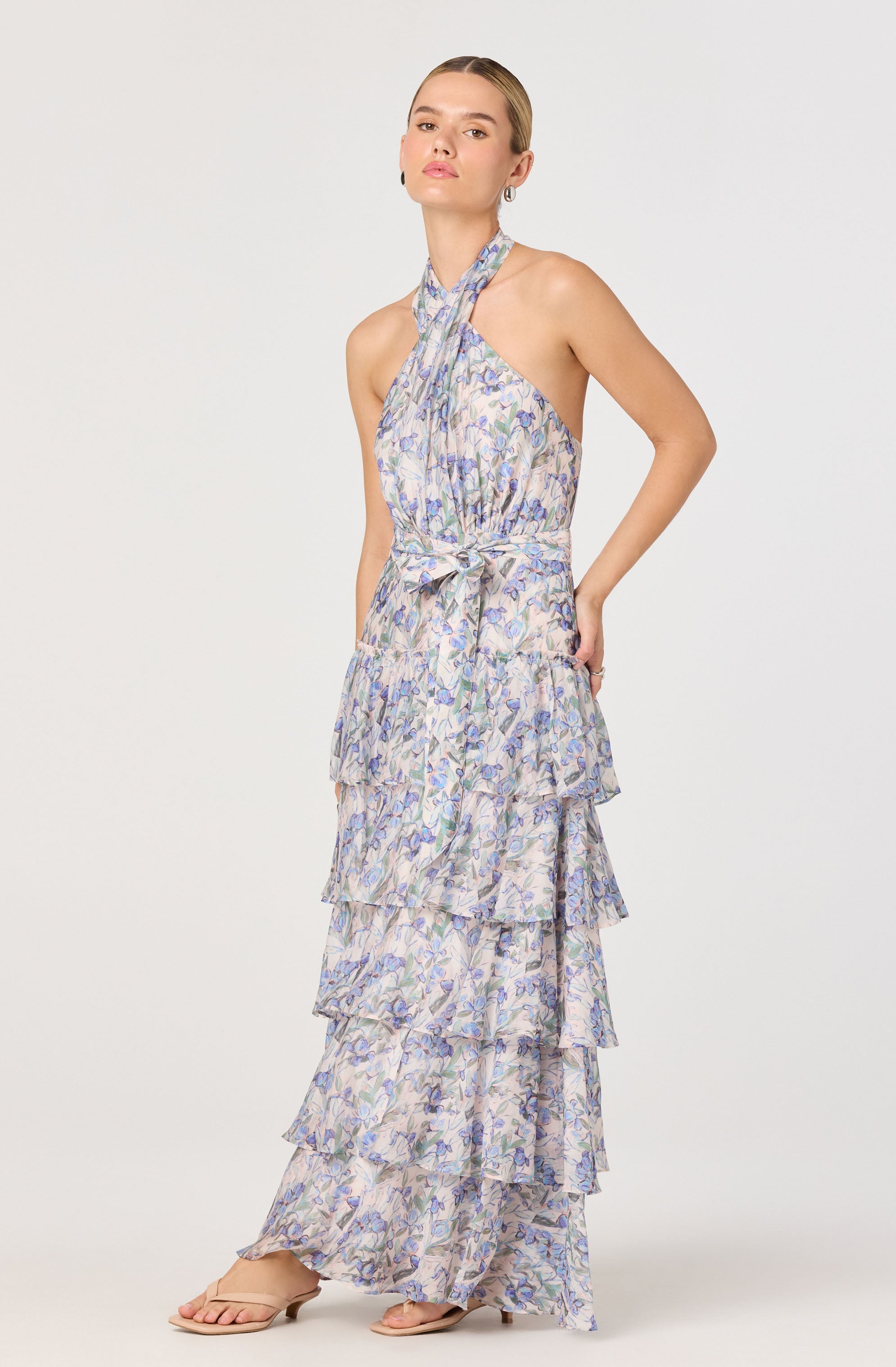 Adamaris Floral Ruffle Halter Maxi Dress