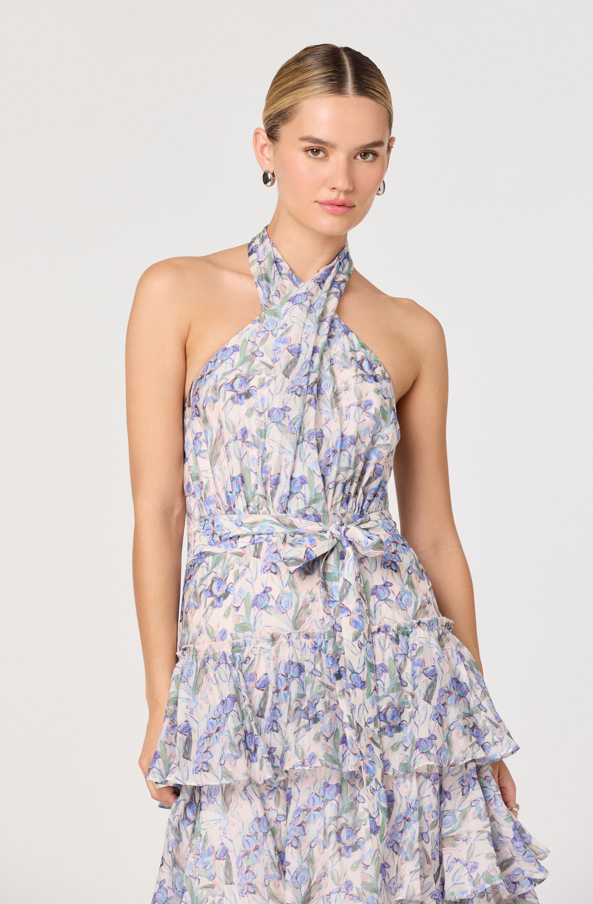 Adamaris Floral Ruffle Halter Maxi Dress