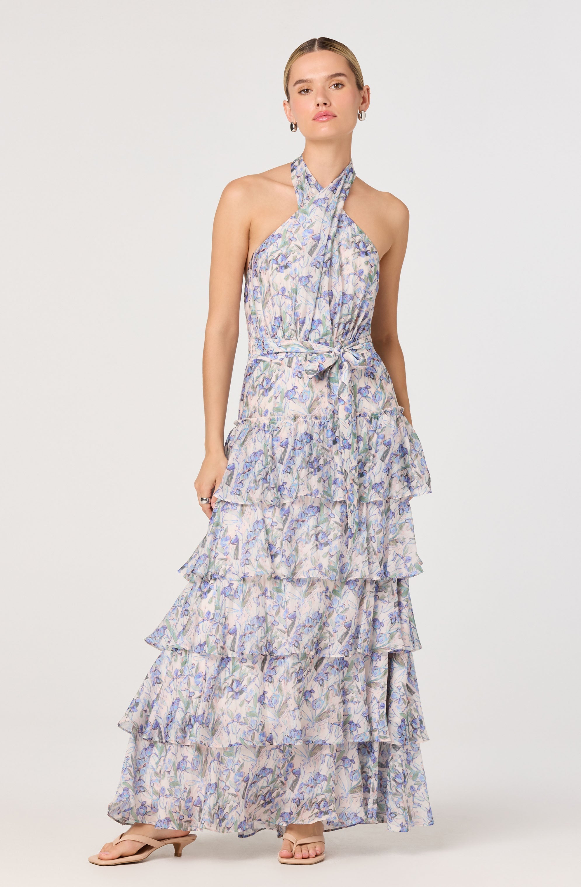 Adamaris Floral Ruffle Halter Maxi Dress