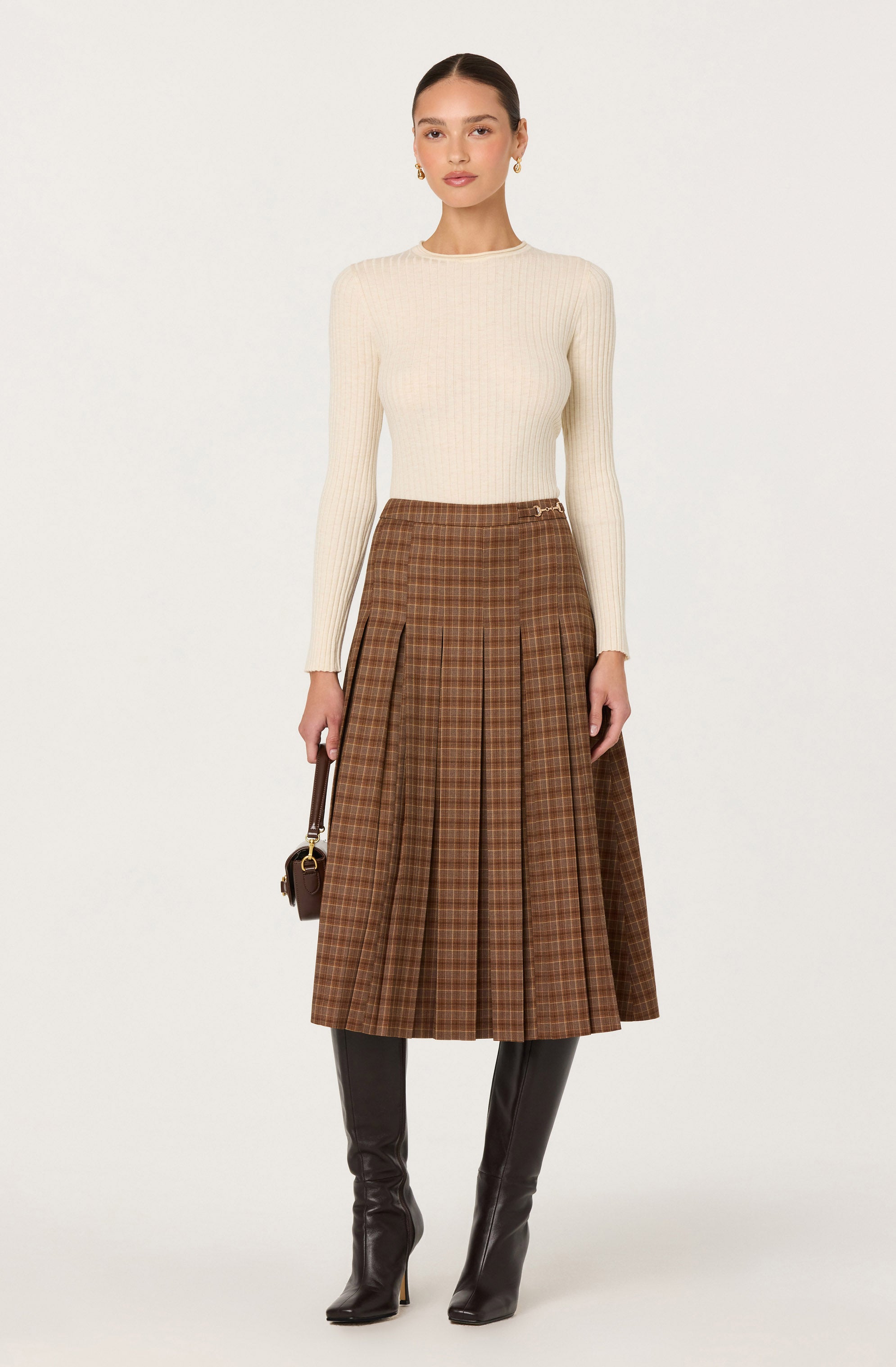 Vena Pleated Plaid Midi Skirt