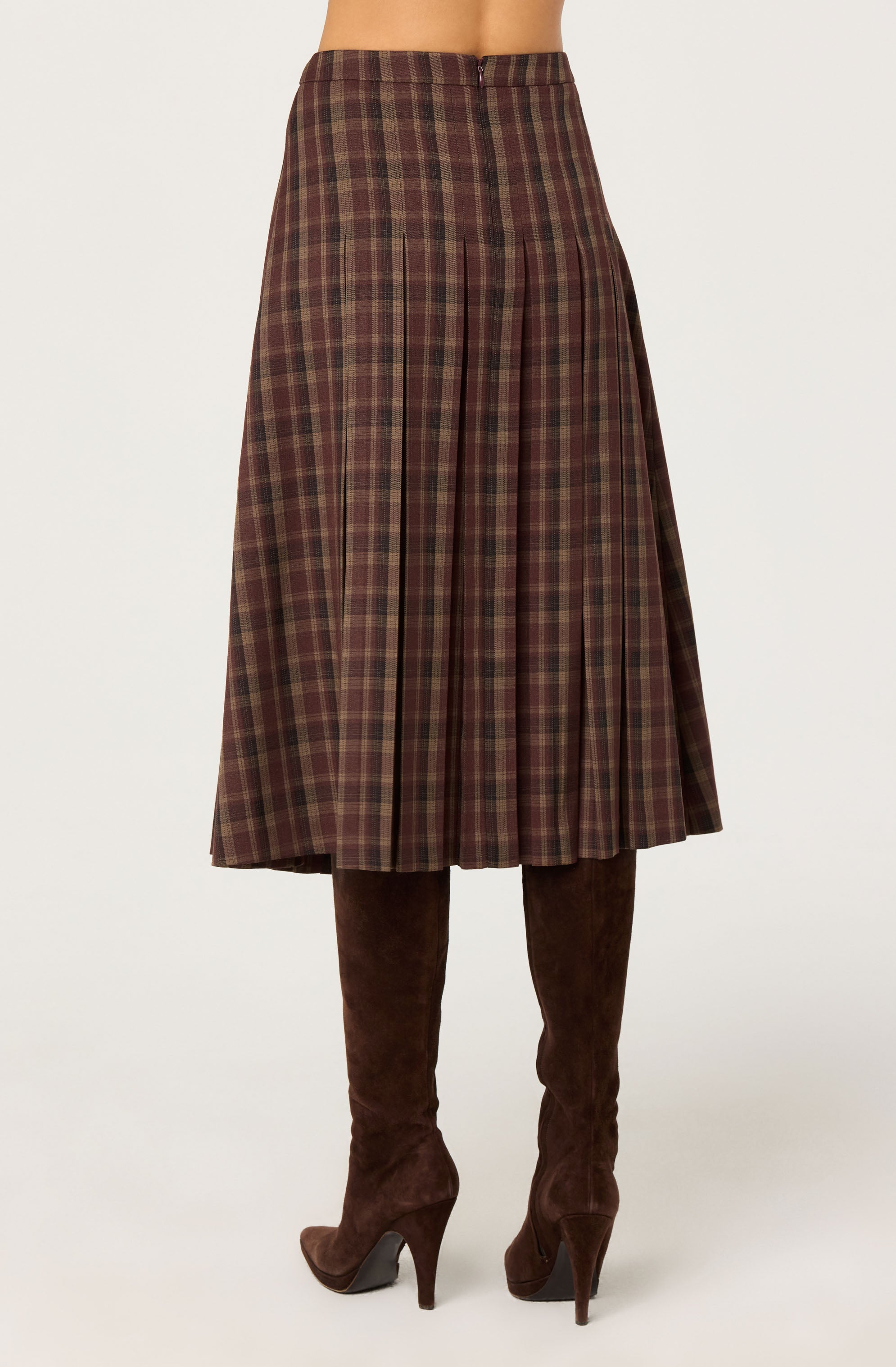 Vena Pleated Plaid Midi Skirt
