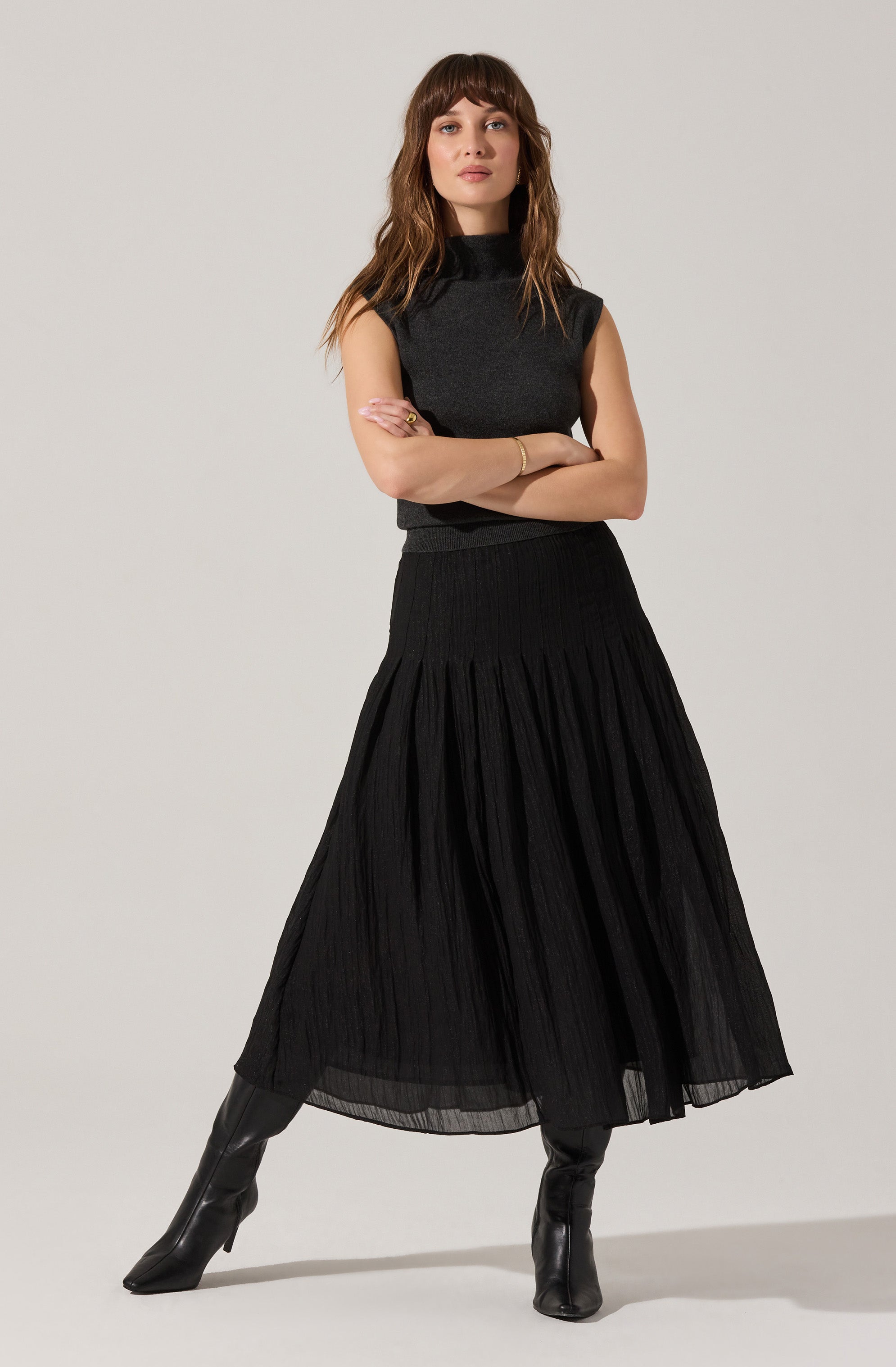 Daivini Pleated Crinkle Midi Skirt