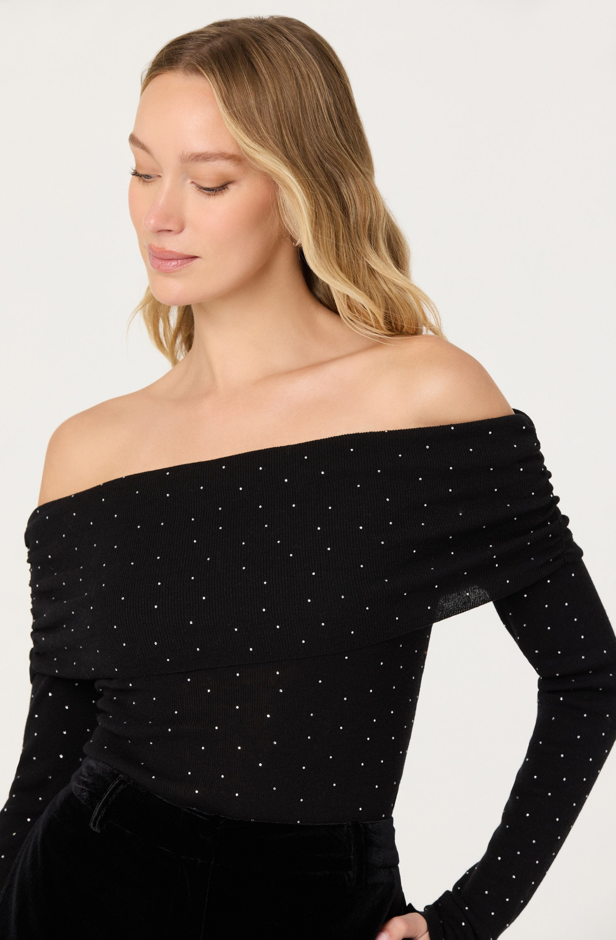Kylin Off Shoulder Rhinestone Sweater