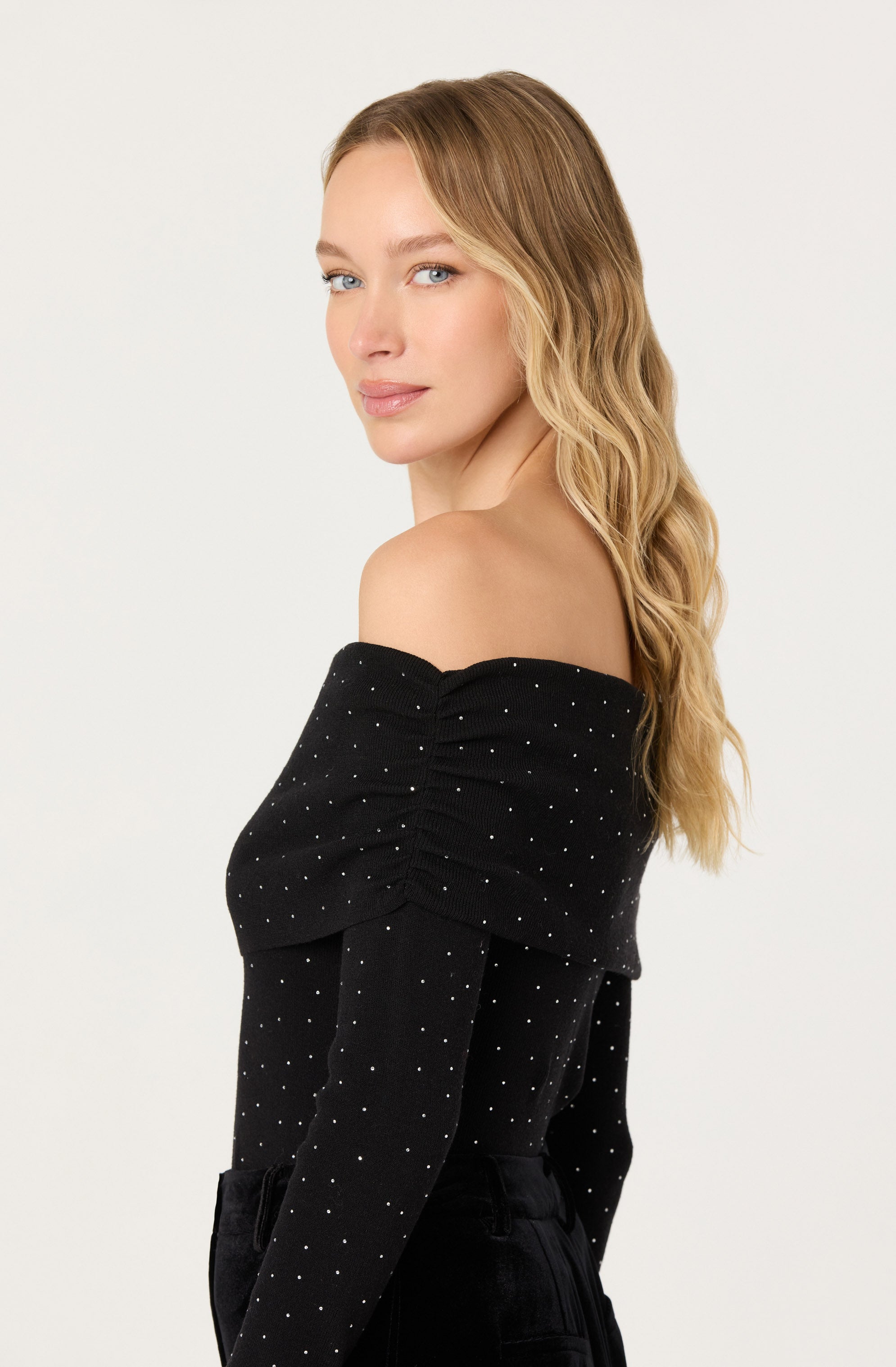 Kylin Off Shoulder Rhinestone Sweater