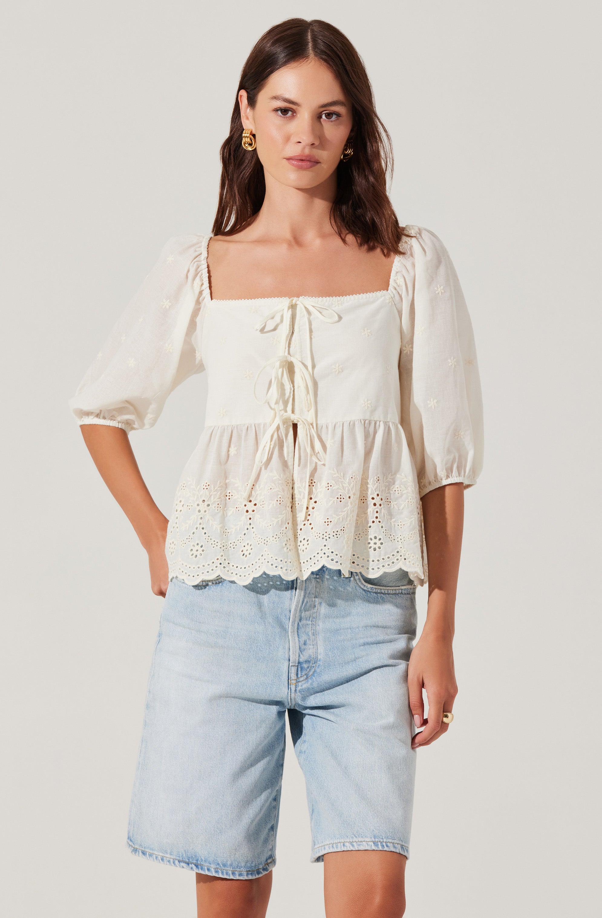 Ezmae Embroidered Tie-Front Top