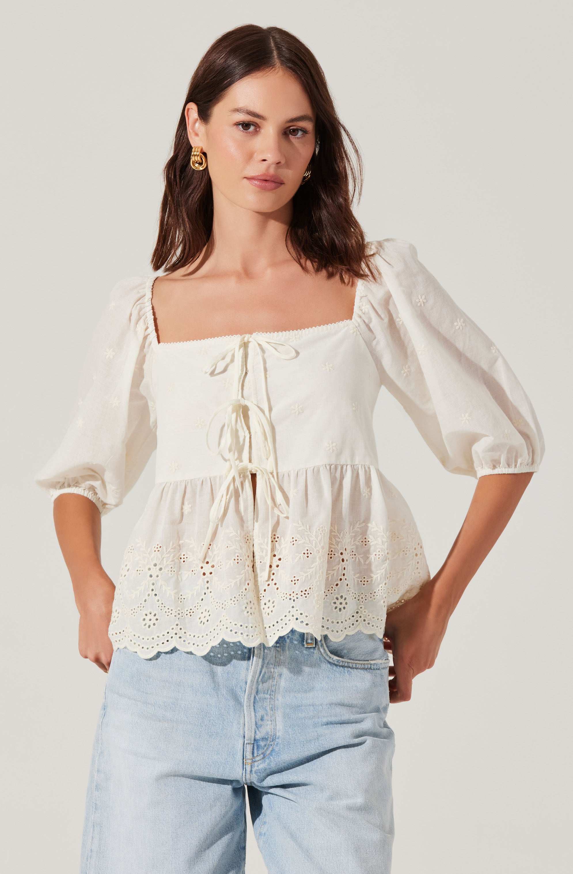 Ezmae Embroidered Tie-Front Top