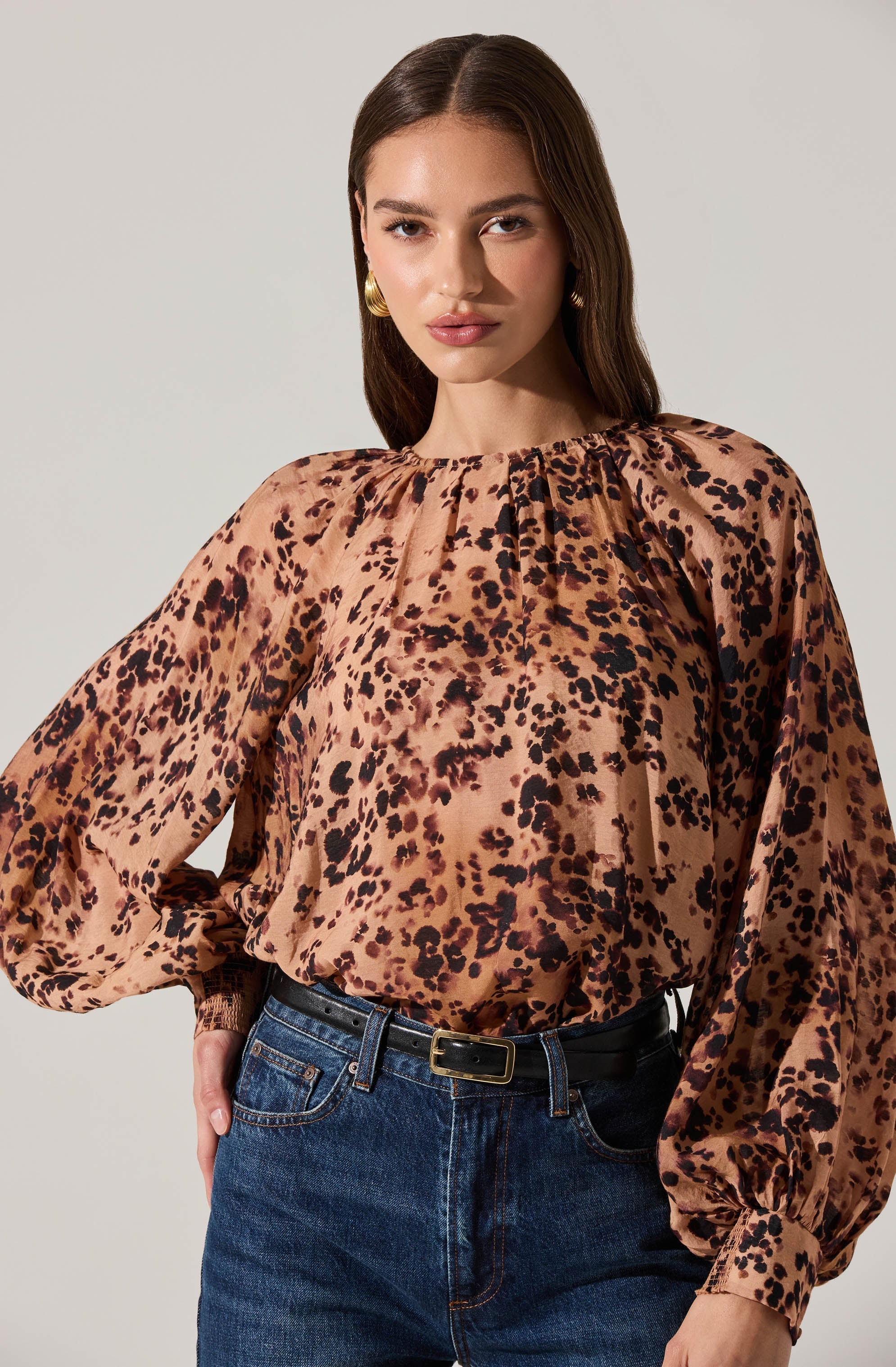 Reyen Leopard Balloon Sleeve Top