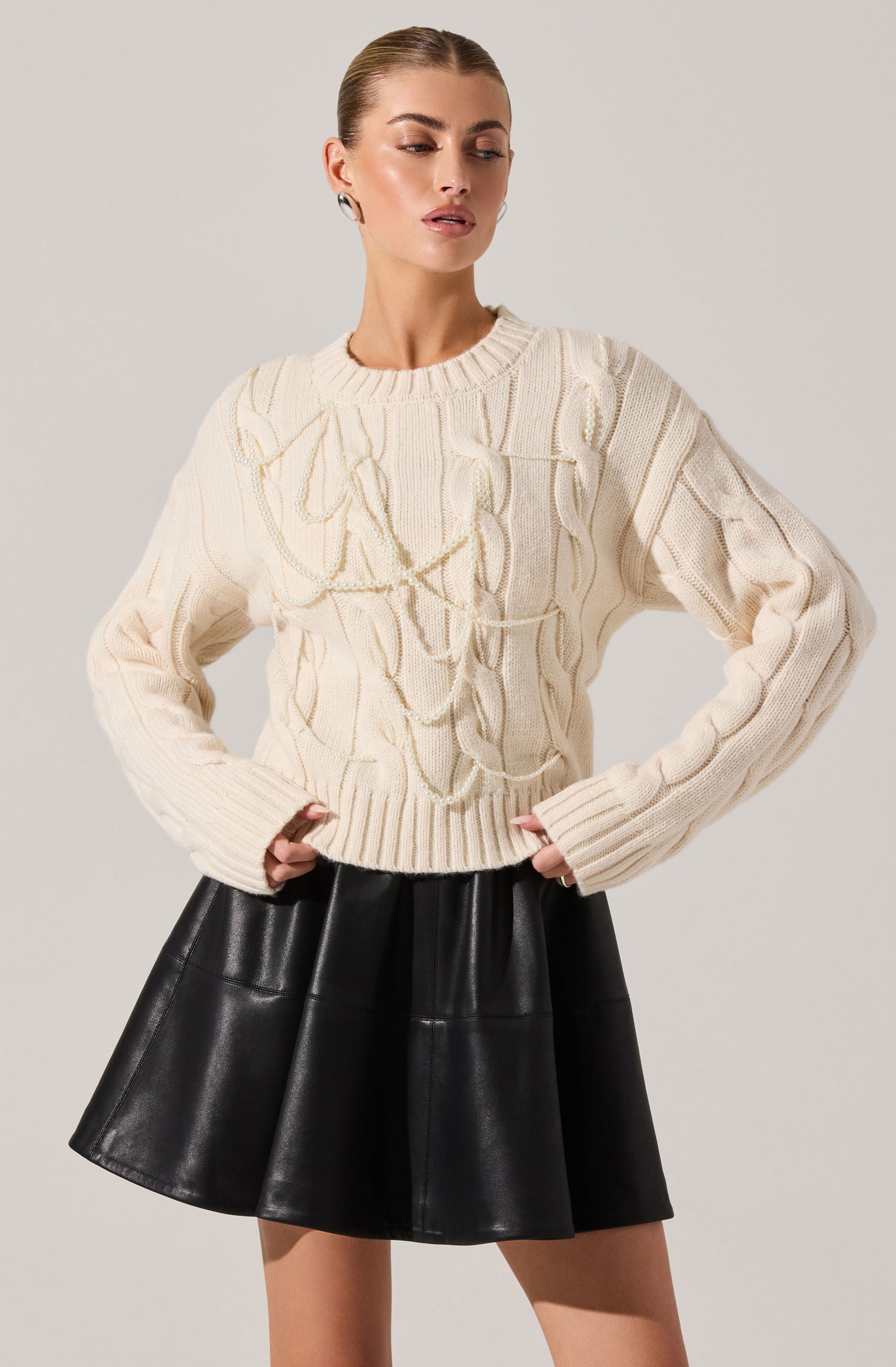 Pennina Pearl Embellished Cable Sweater