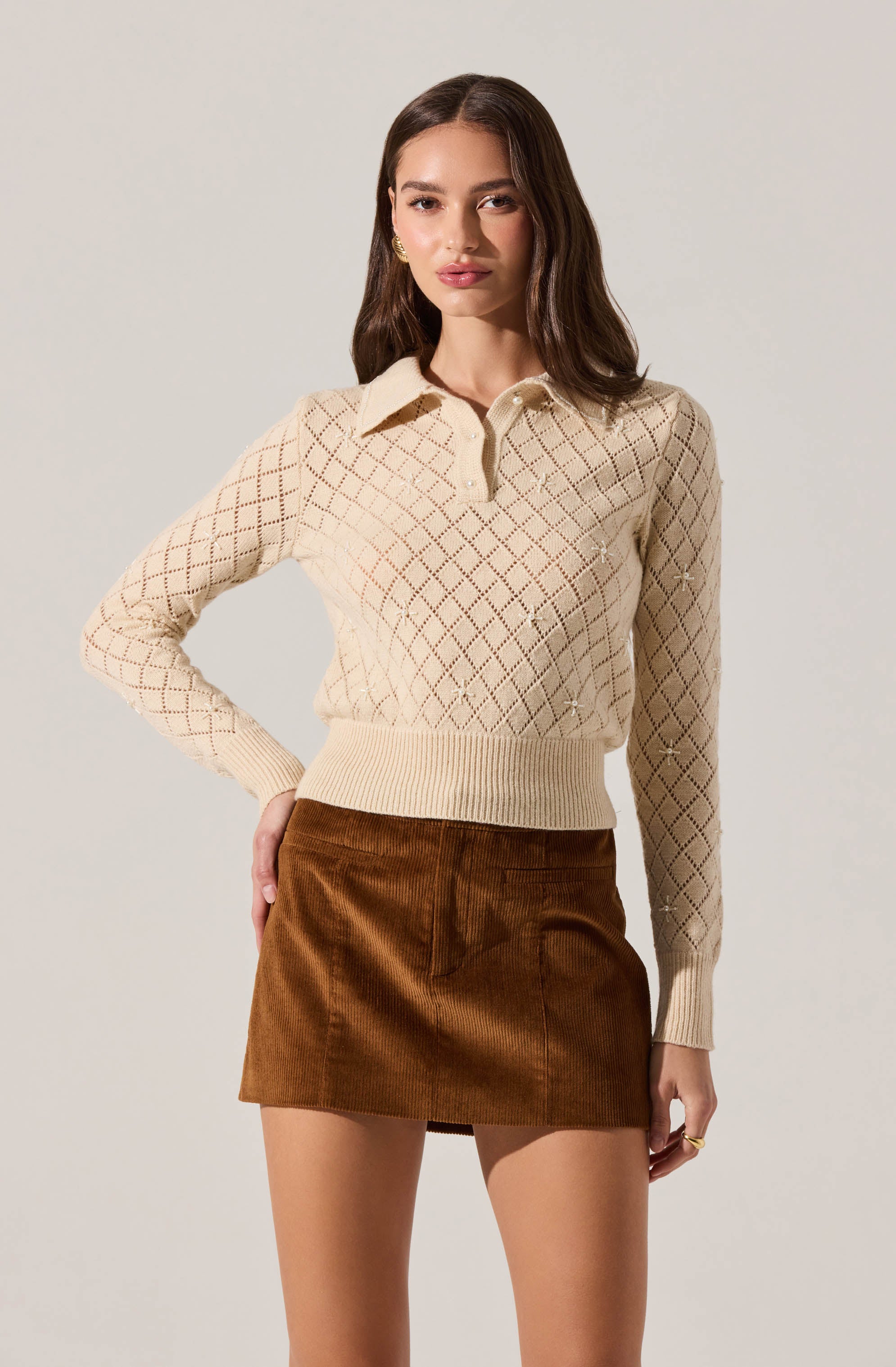 Aspyn Embellished Pointelle Polo Sweater