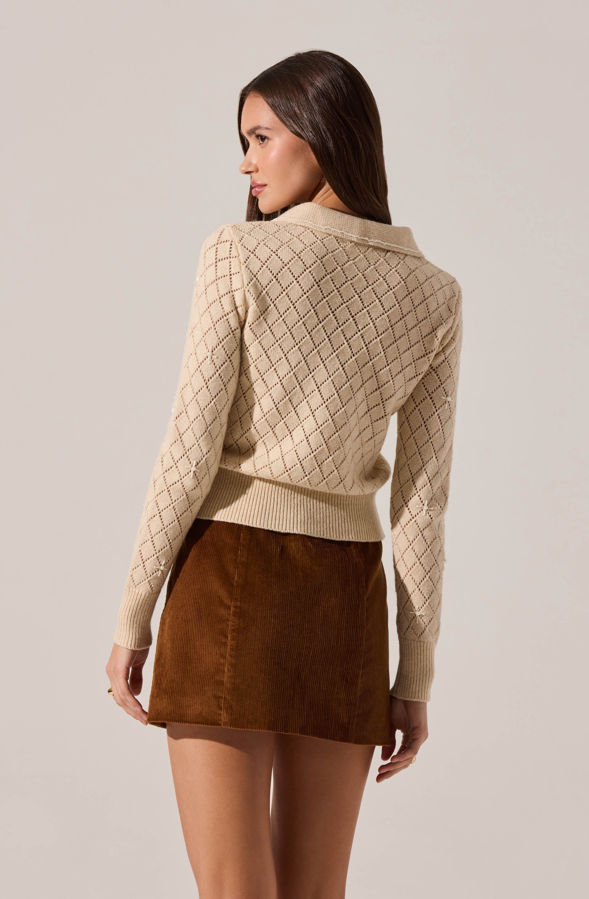 Aspyn Embellished Pointelle Polo Sweater