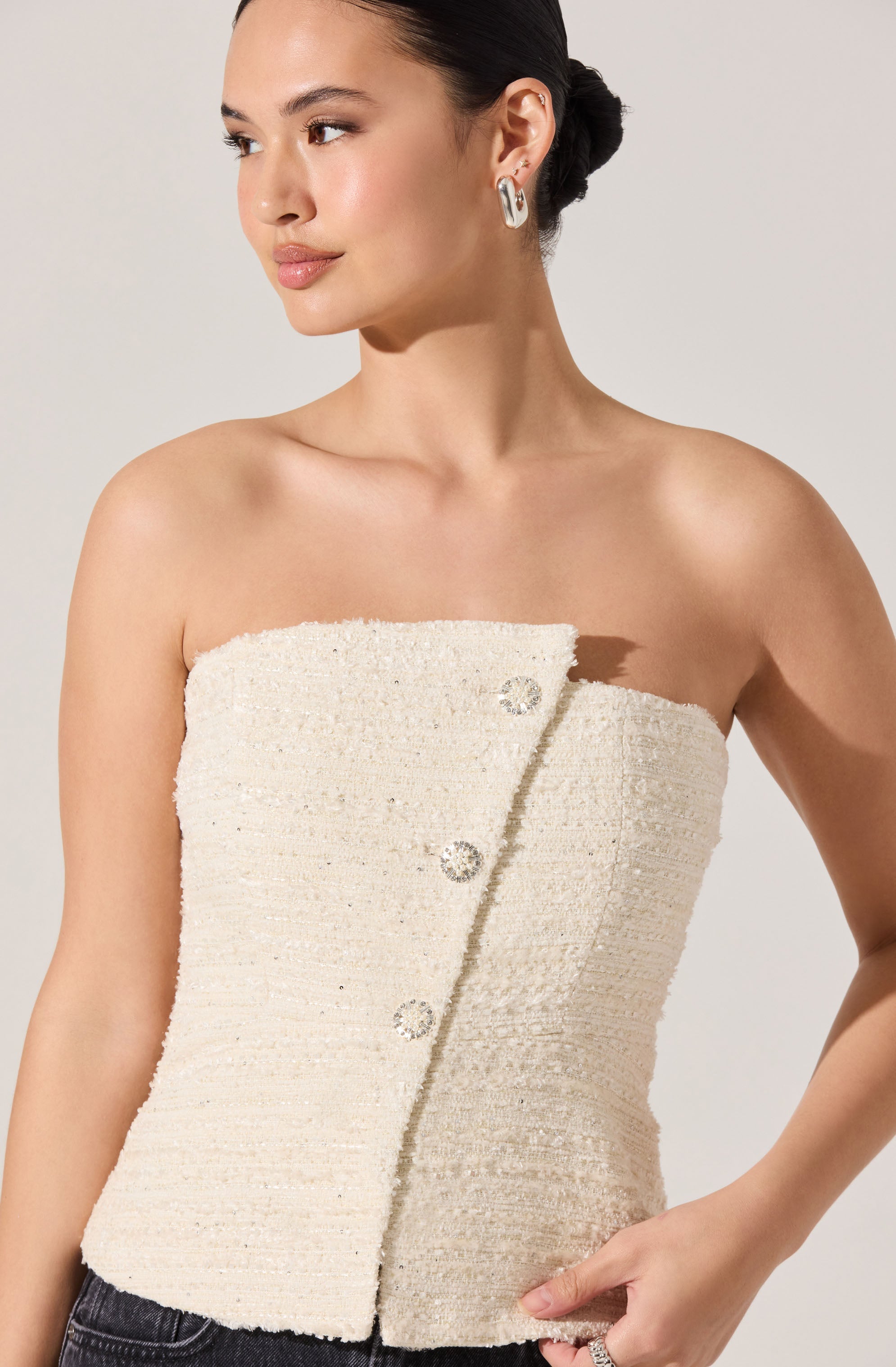 Moina Asymmetrical Strapless Tweed Top
