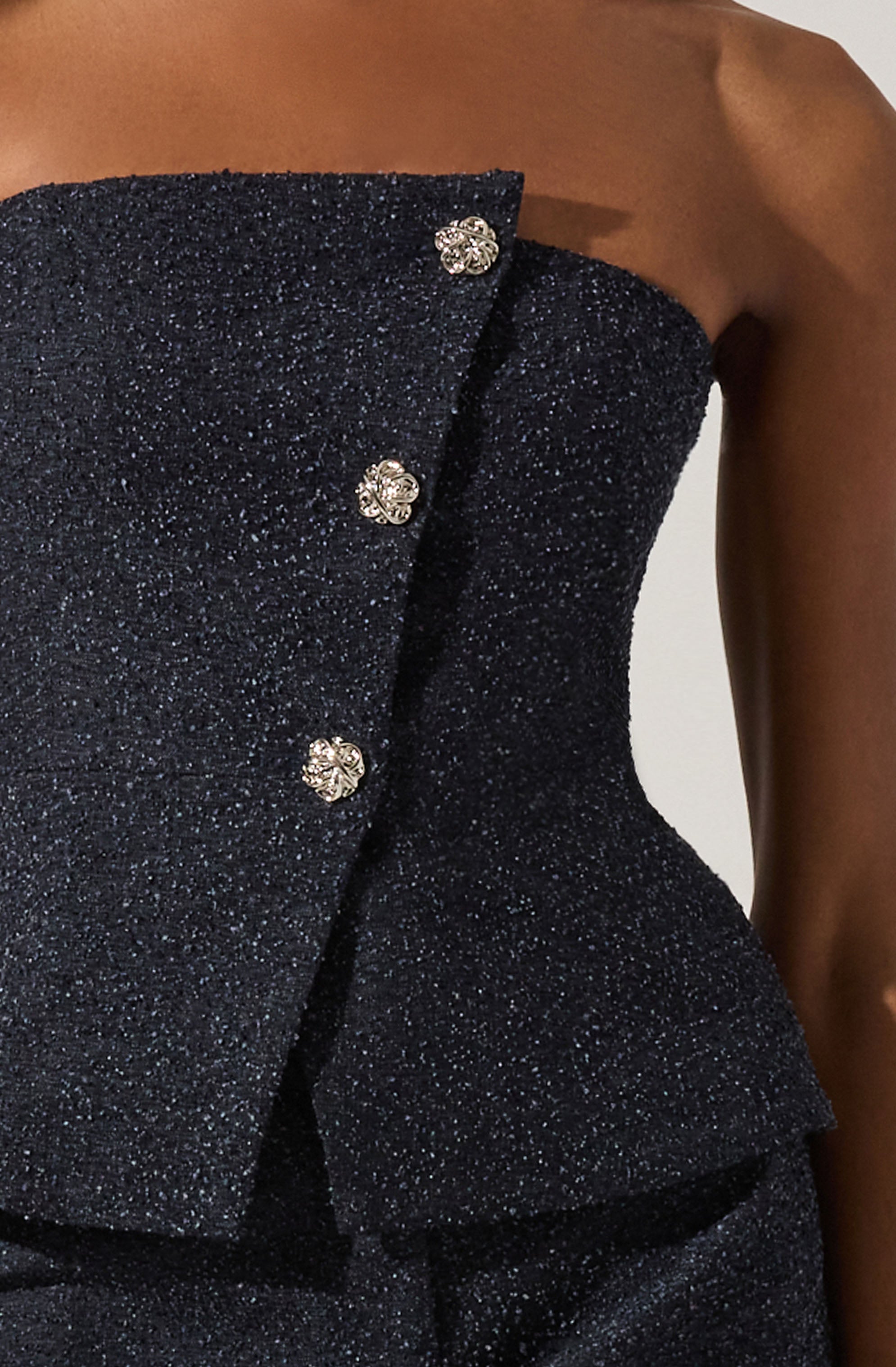 Moina Asymmetrical Strapless Tweed Top