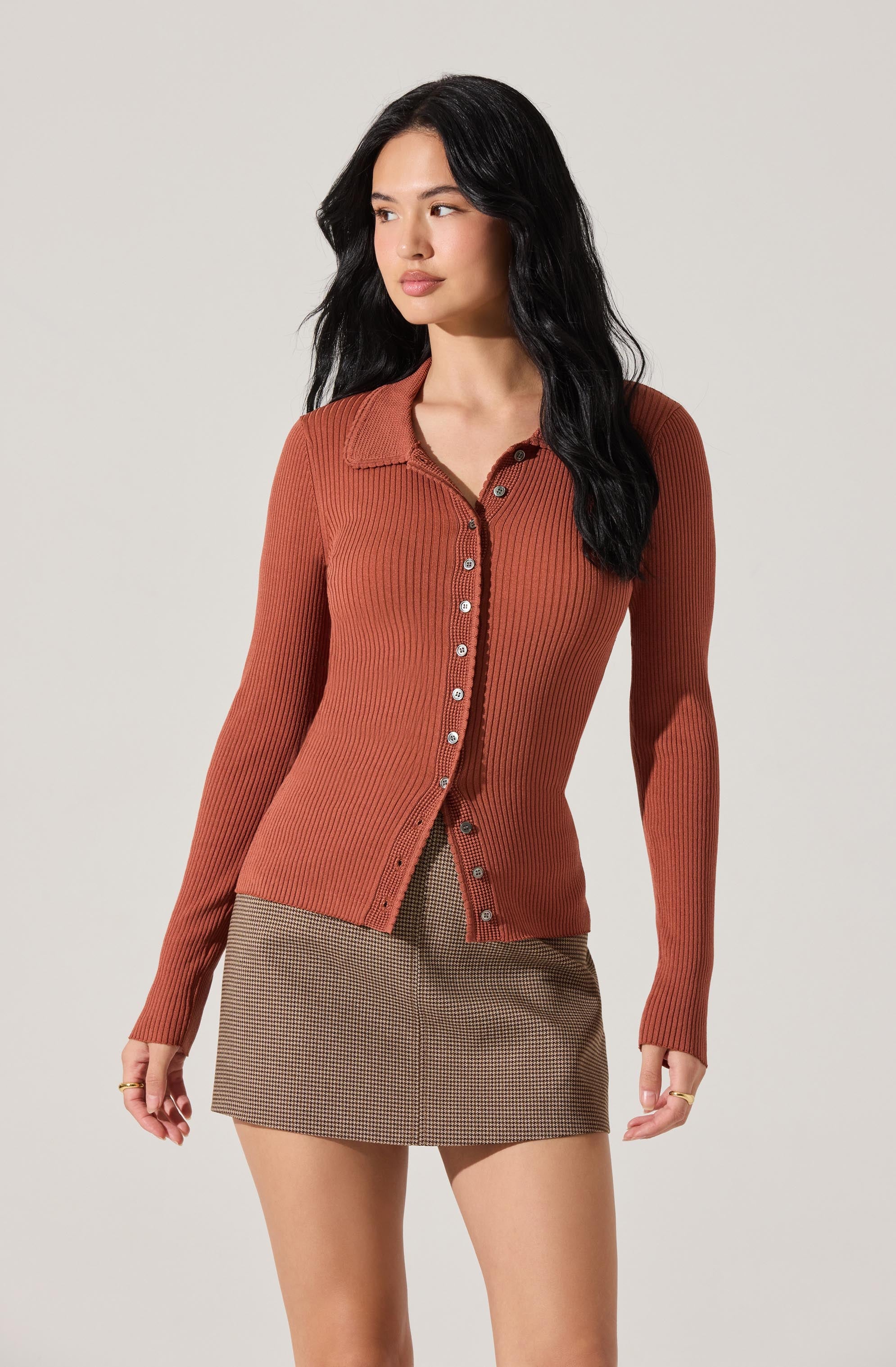 Keren Collared Ribbed Knit Cardigan