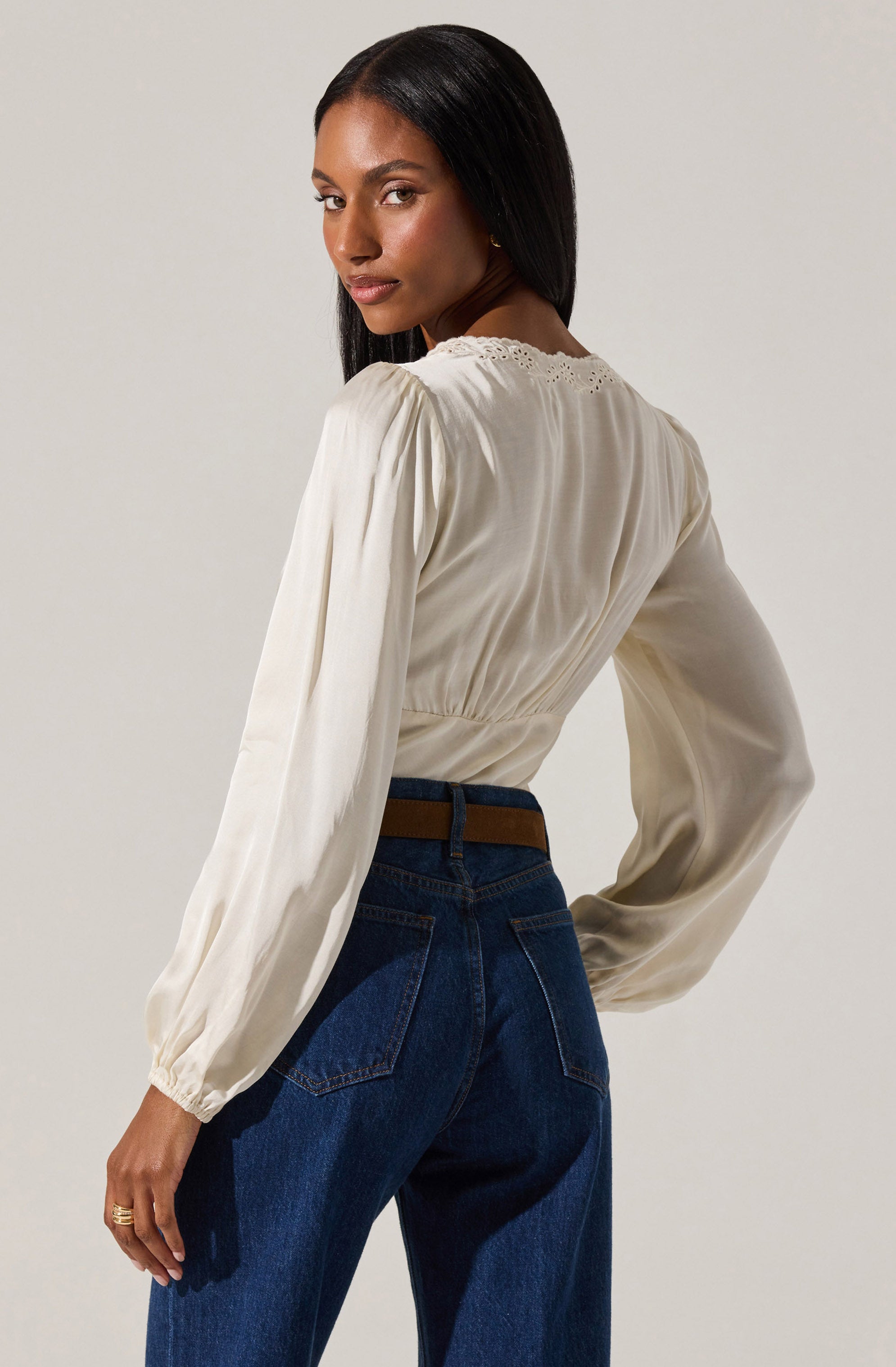 Roya Eyelet Trim Satin Top