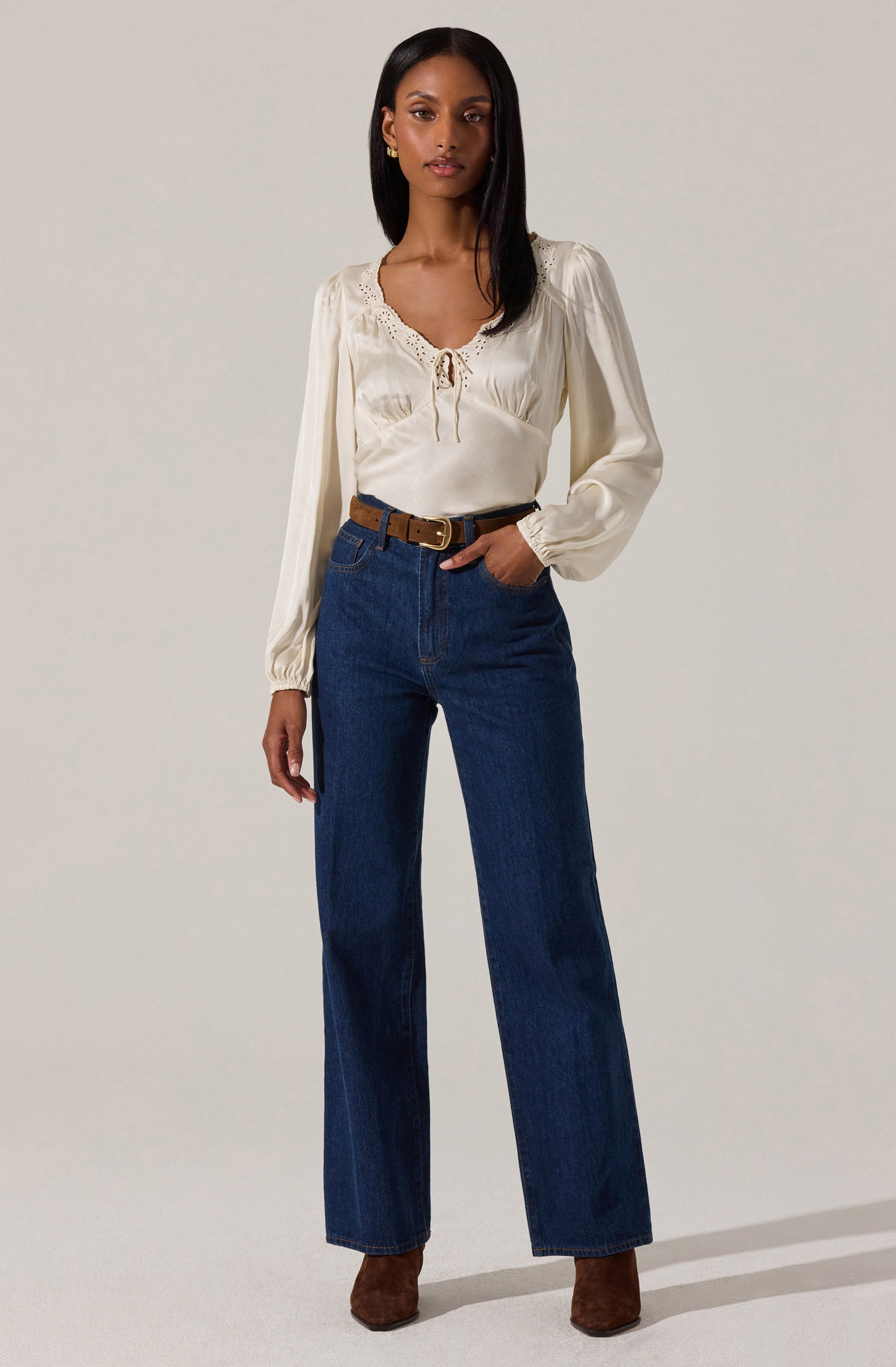 Roya Eyelet Trim Satin Top