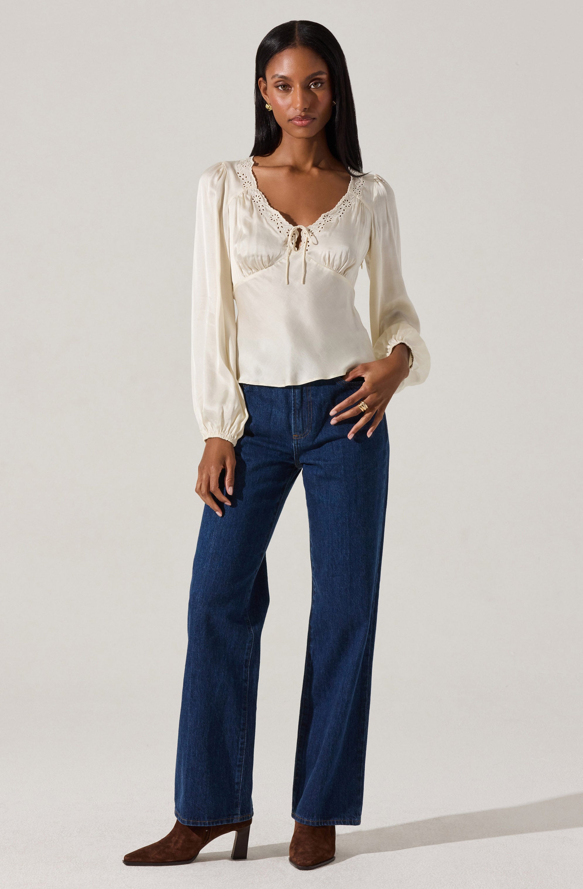 Roya Eyelet Trim Satin Top