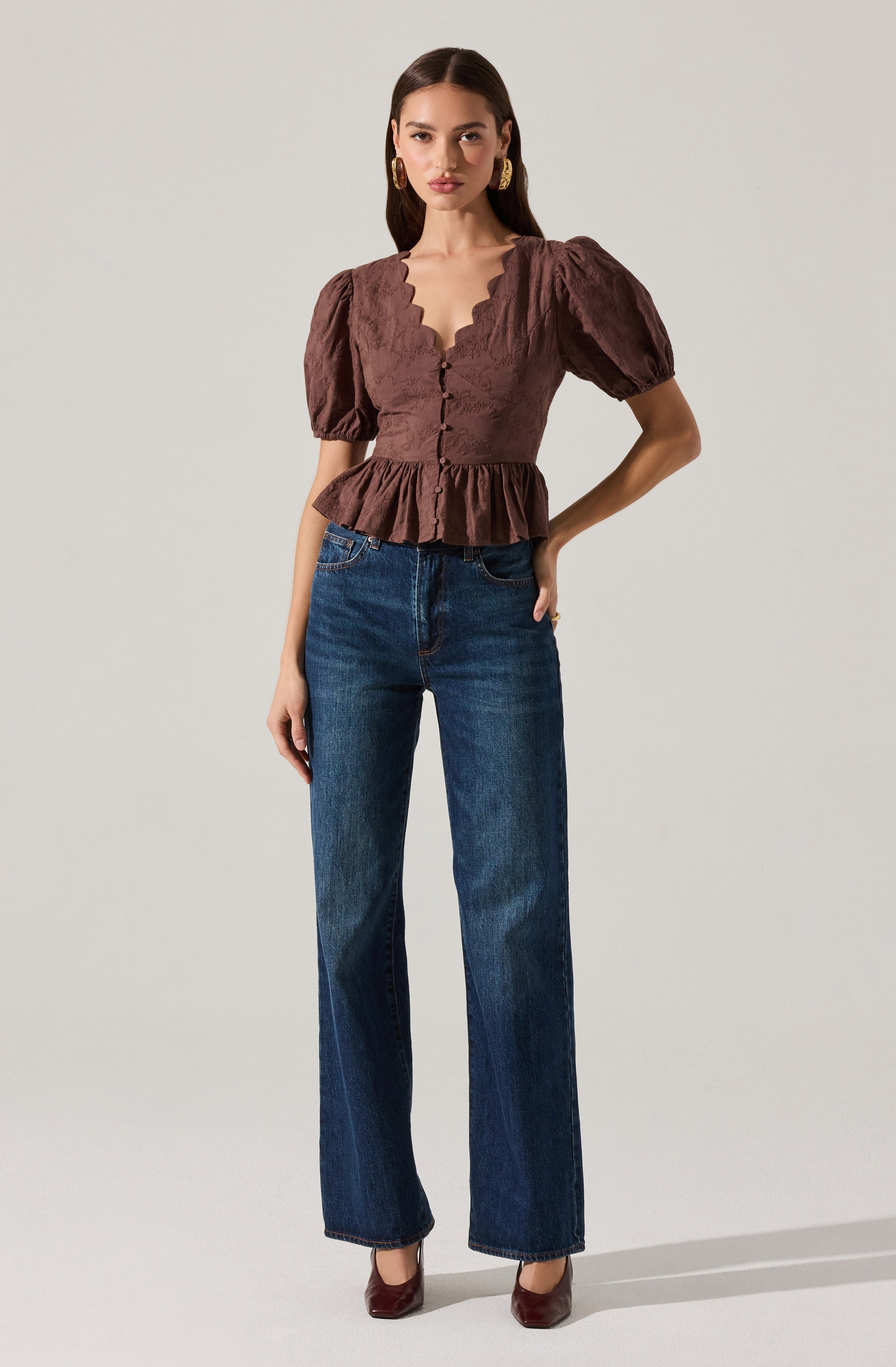 Arely Scalloped V-Neck Peplum Top