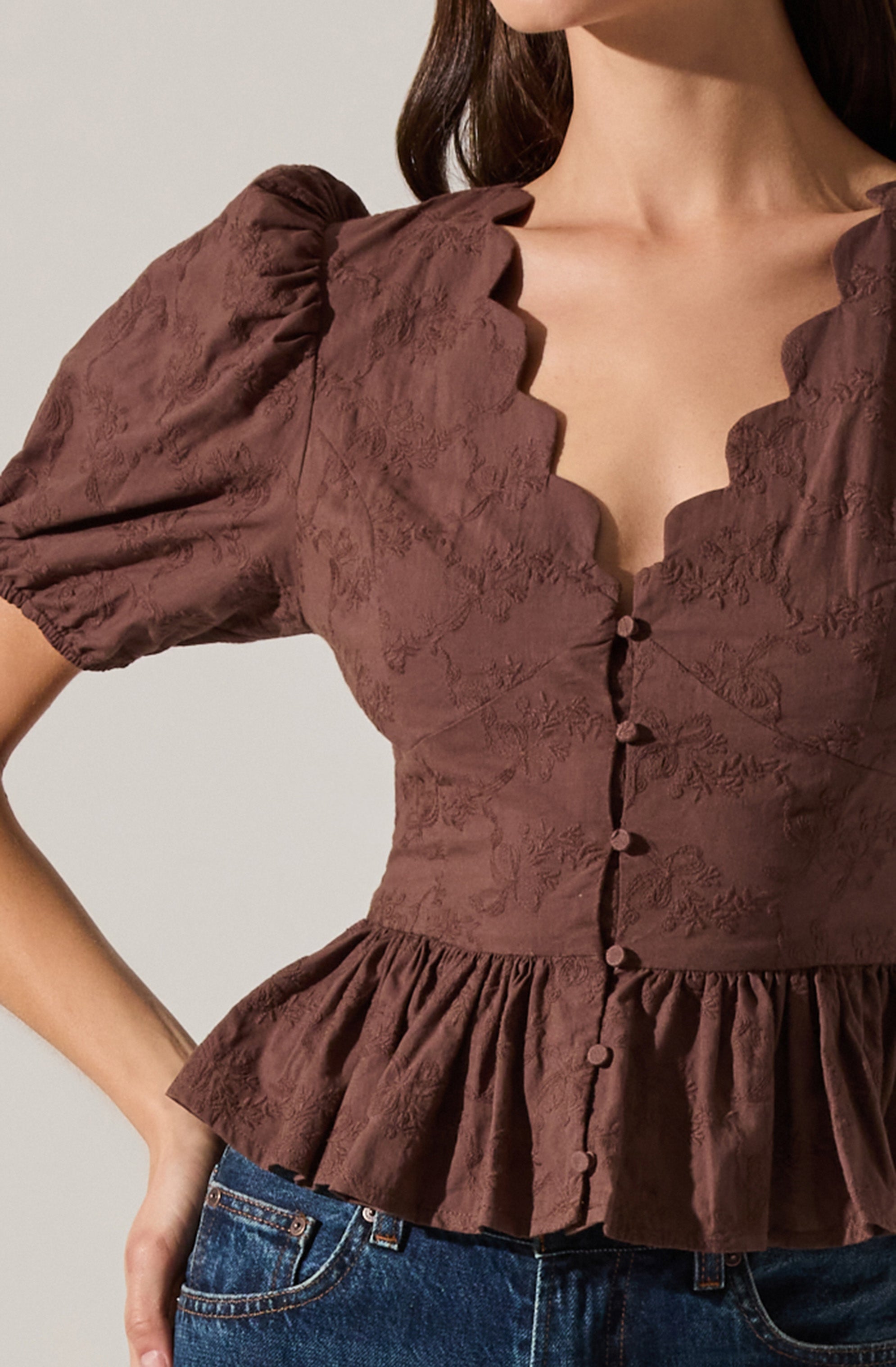 Arely Scalloped V-Neck Peplum Top