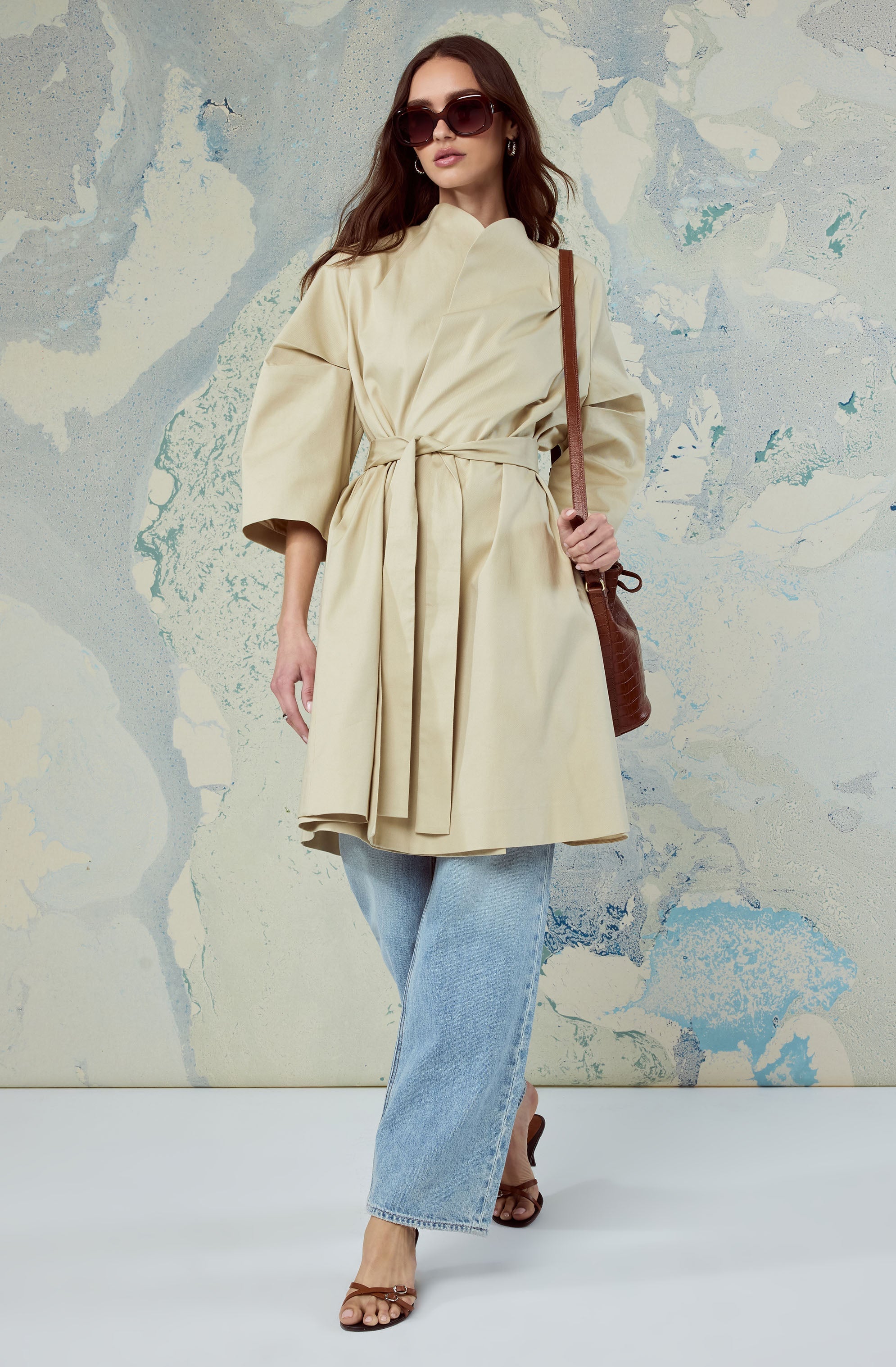 Kaylin Collarless Belted Trench Jacket