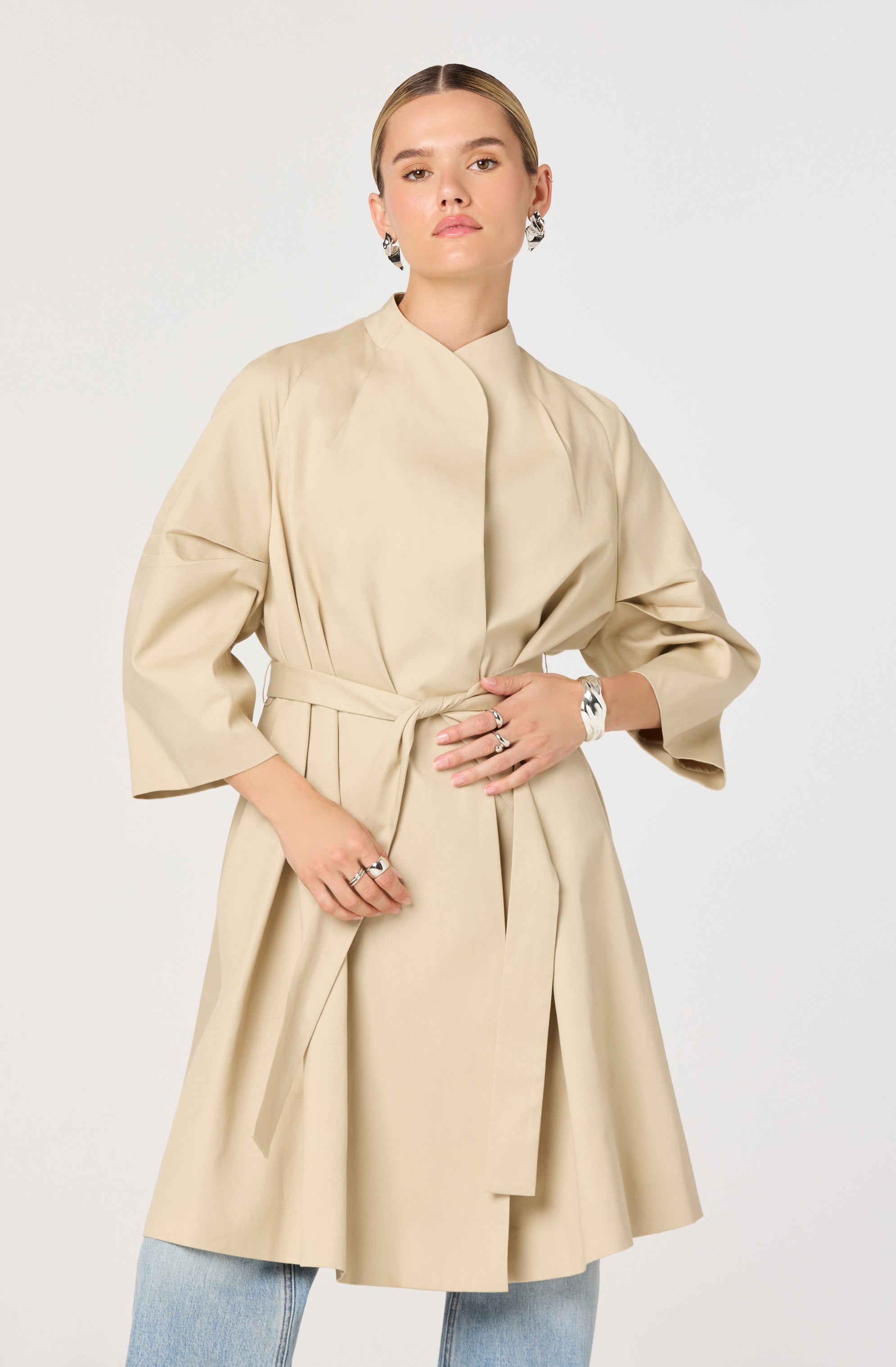 Kaylin Collarless Belted Trench Jacket