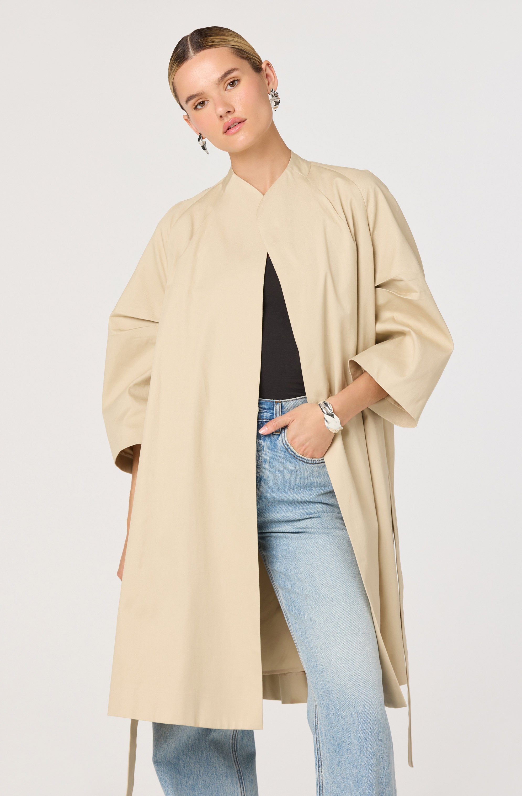 Kaylin Collarless Belted Trench Jacket