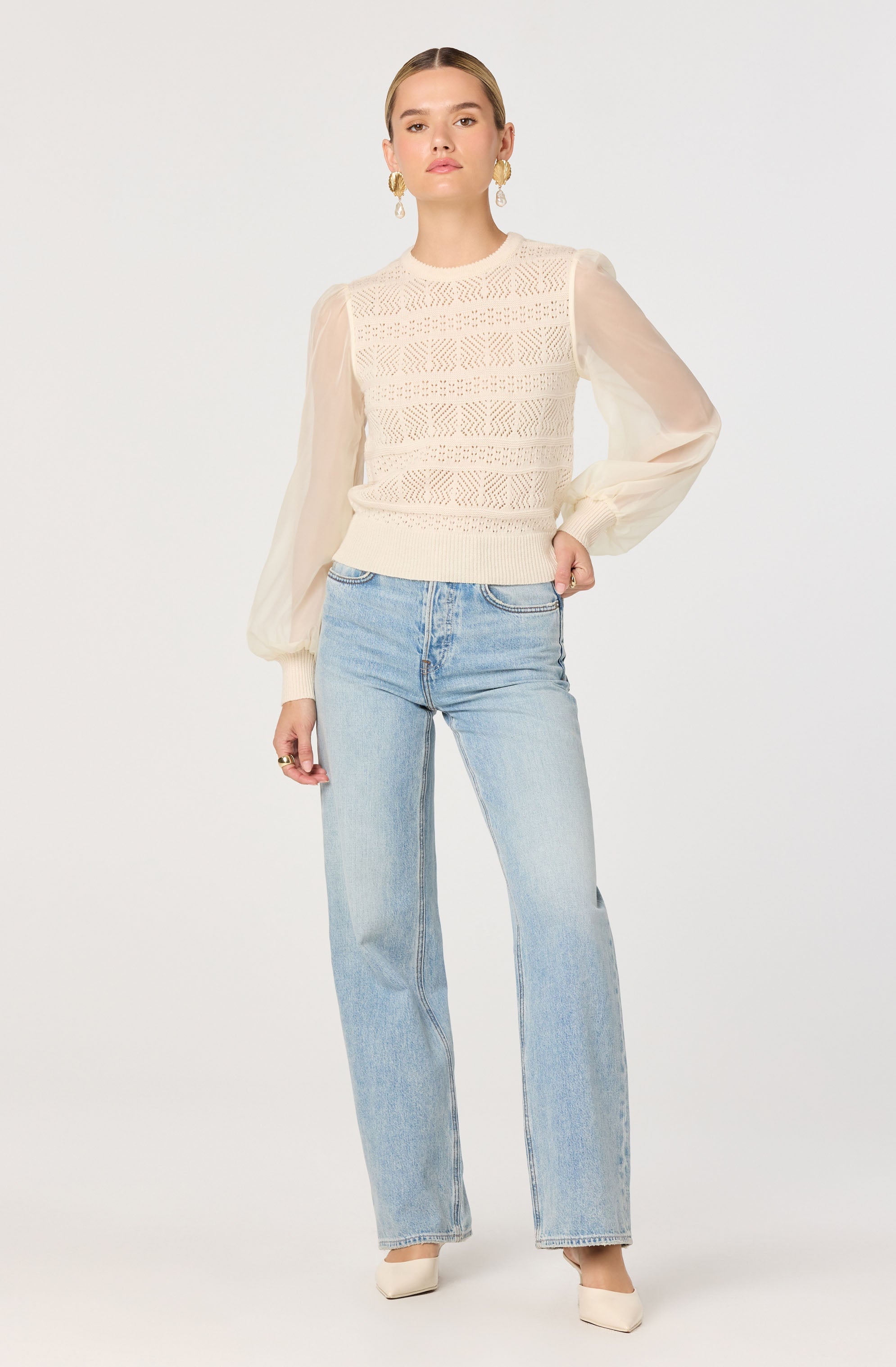 Ann Pointelle Sheer Sleeves Sweater