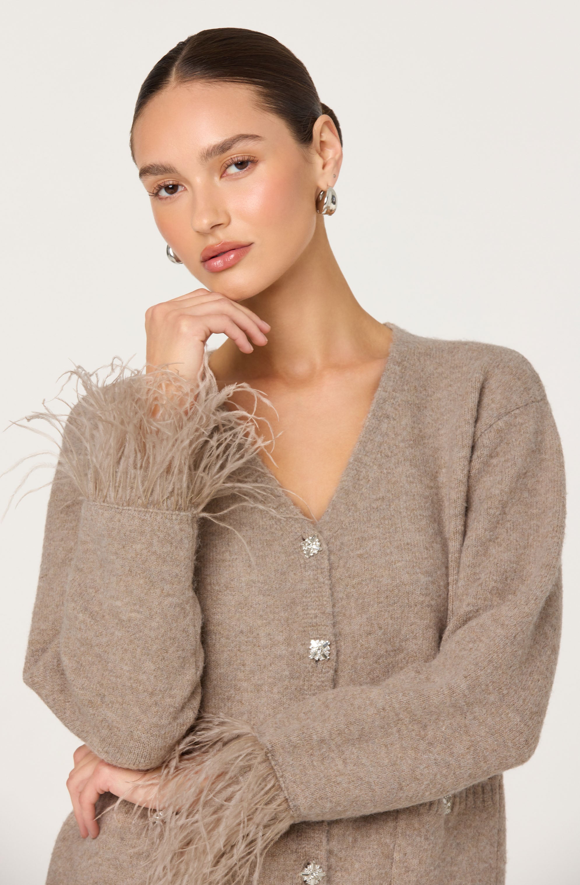 Grie Embellished Feather Trim Cardigan