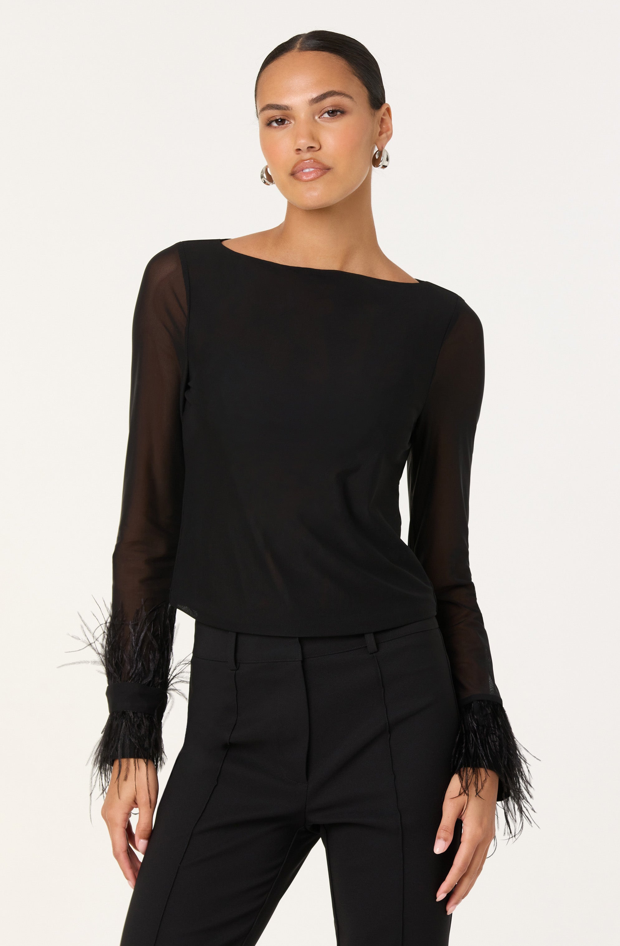 Brisa Mesh Feather Trim Top