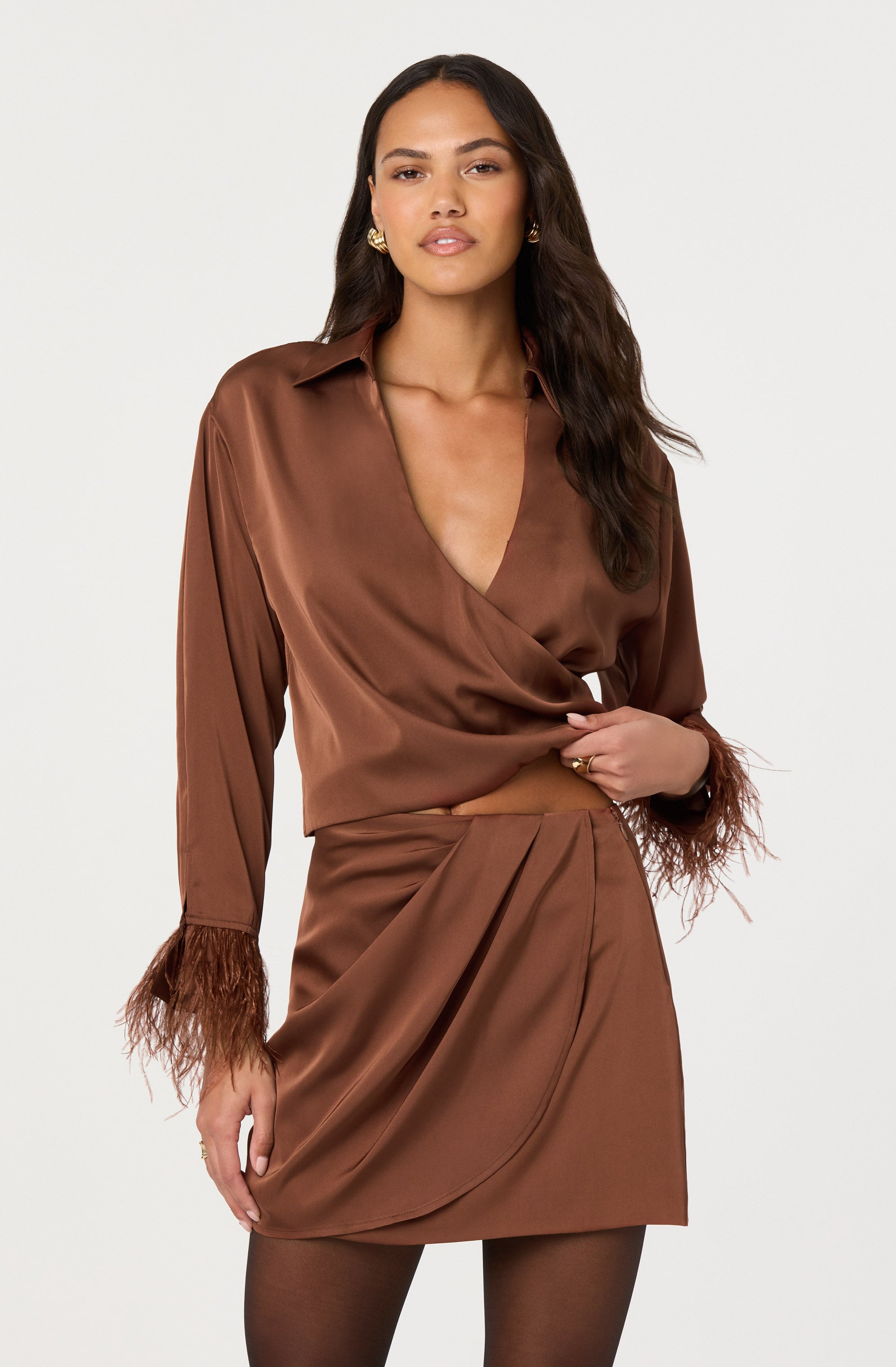 Catrina Satin Feather Trim Top