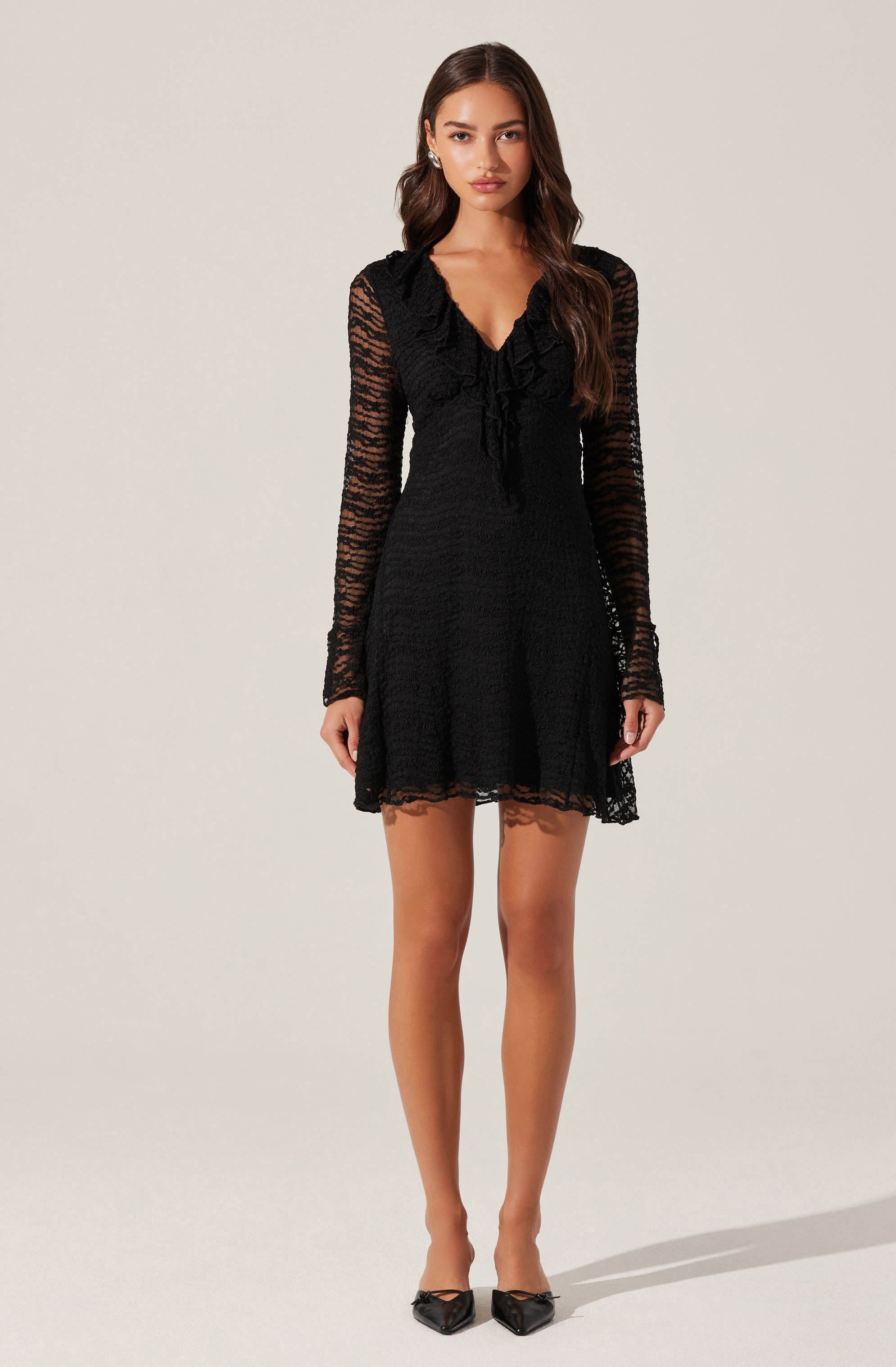 Ruffle V-Neck Lace Mini Dress