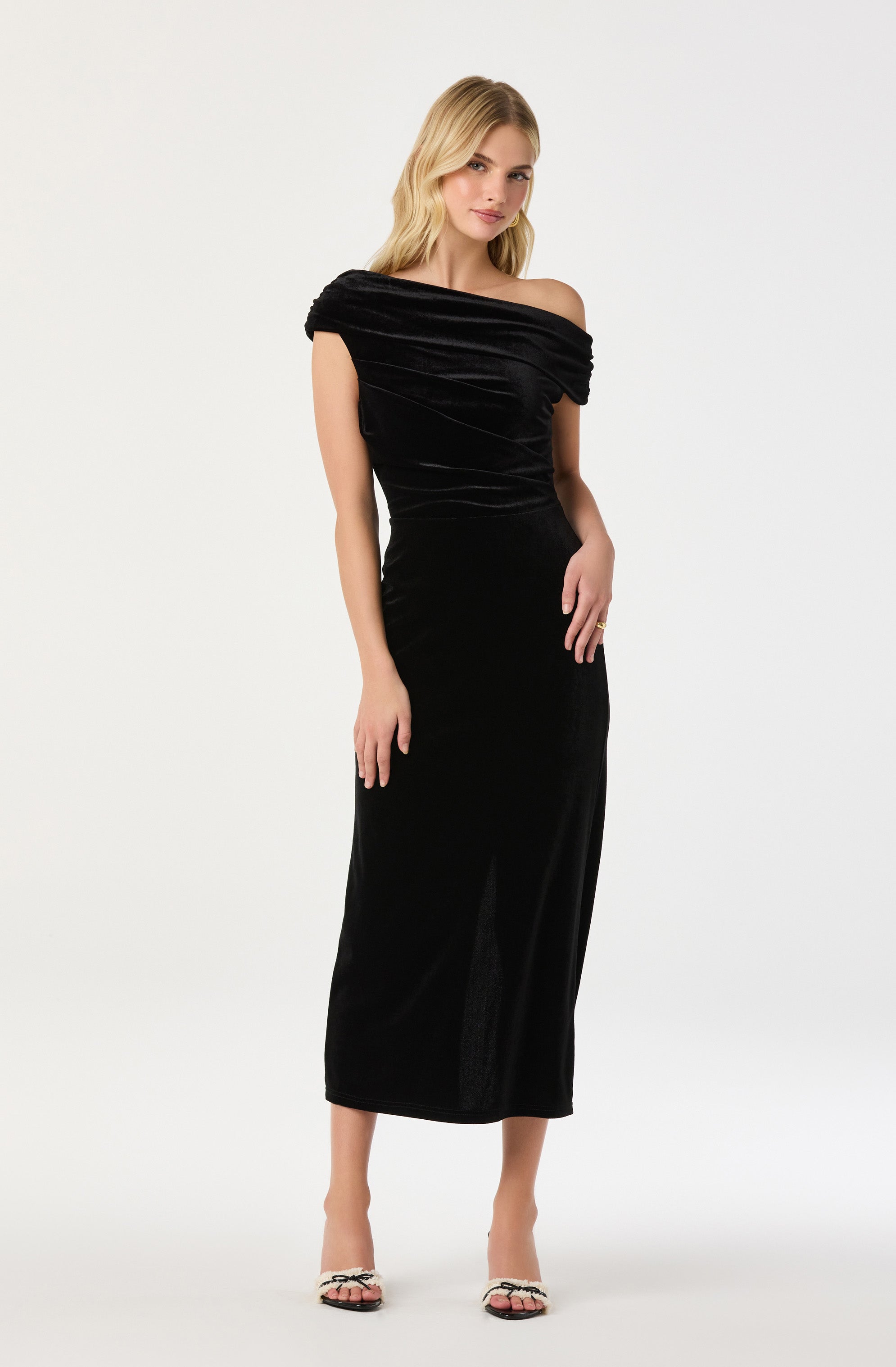 Velvet Off Shoulder Midi Dress