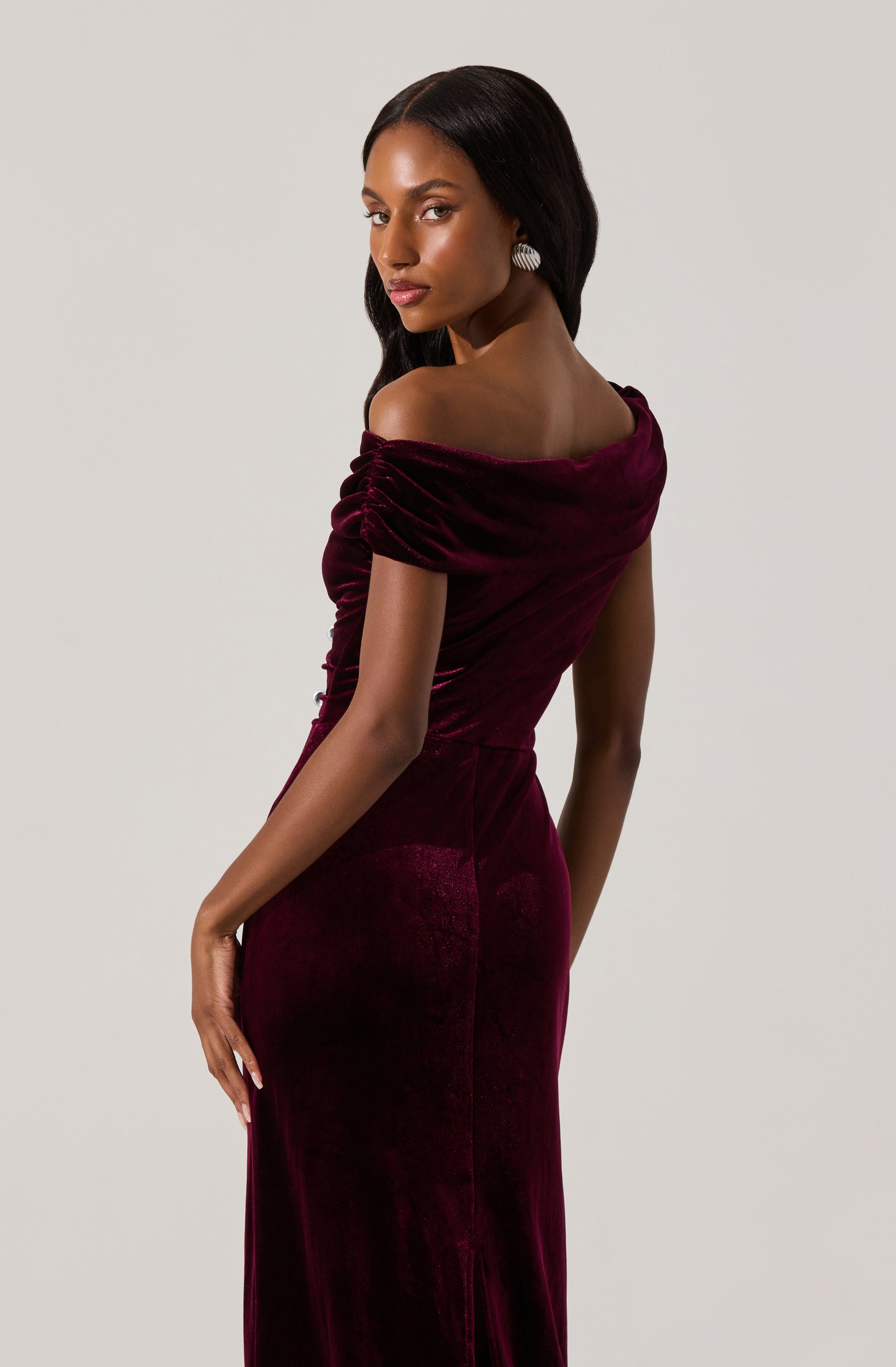 Velvet Off Shoulder Midi Dress