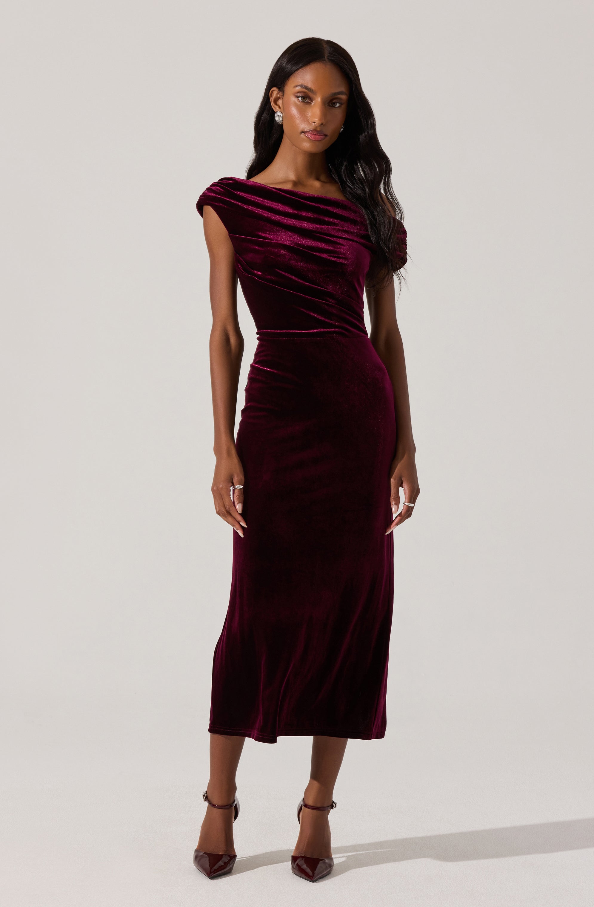 Velvet Off Shoulder Midi Dress