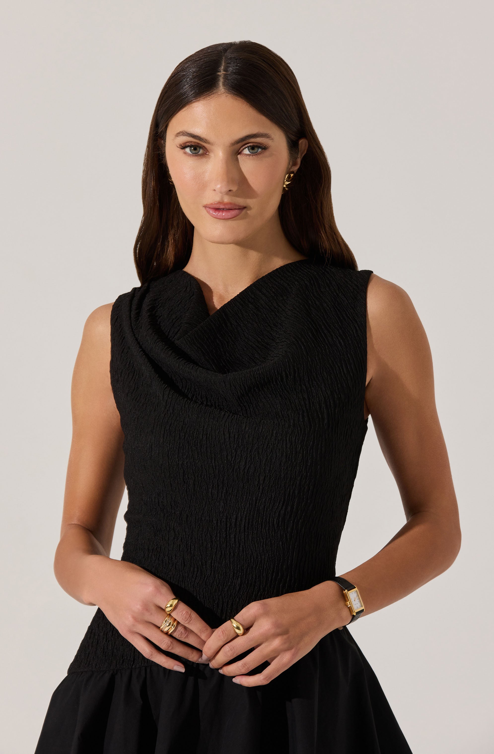 Cowl Neck Mixed Media Mini Dress