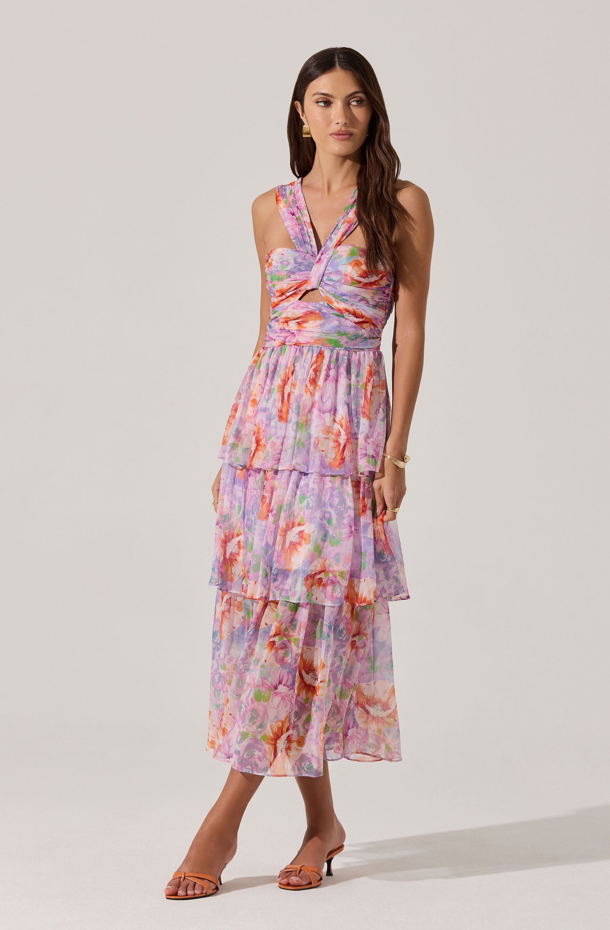 Tiered Floral Cutout Midi Dress