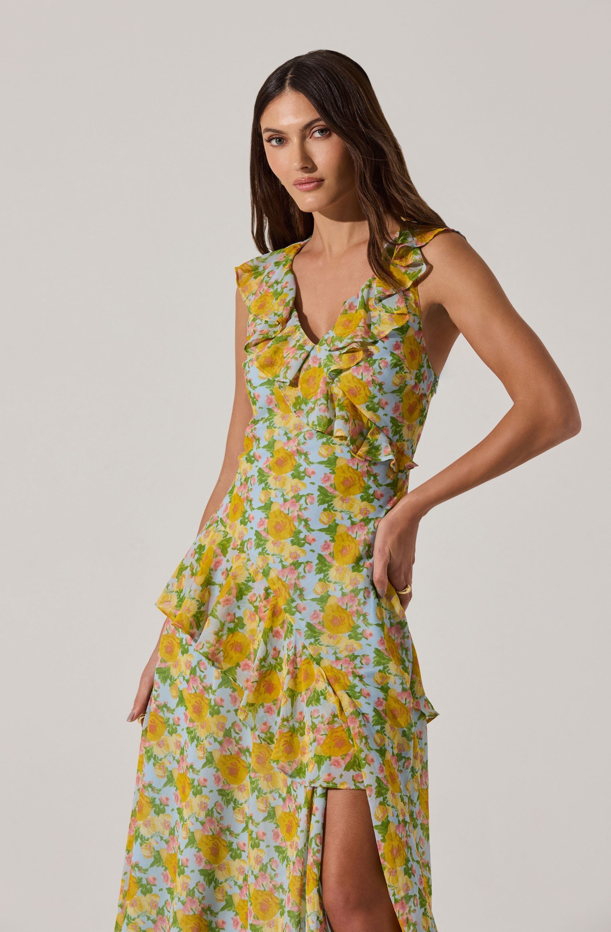 V-neck Floral Ruffle Midi Dress