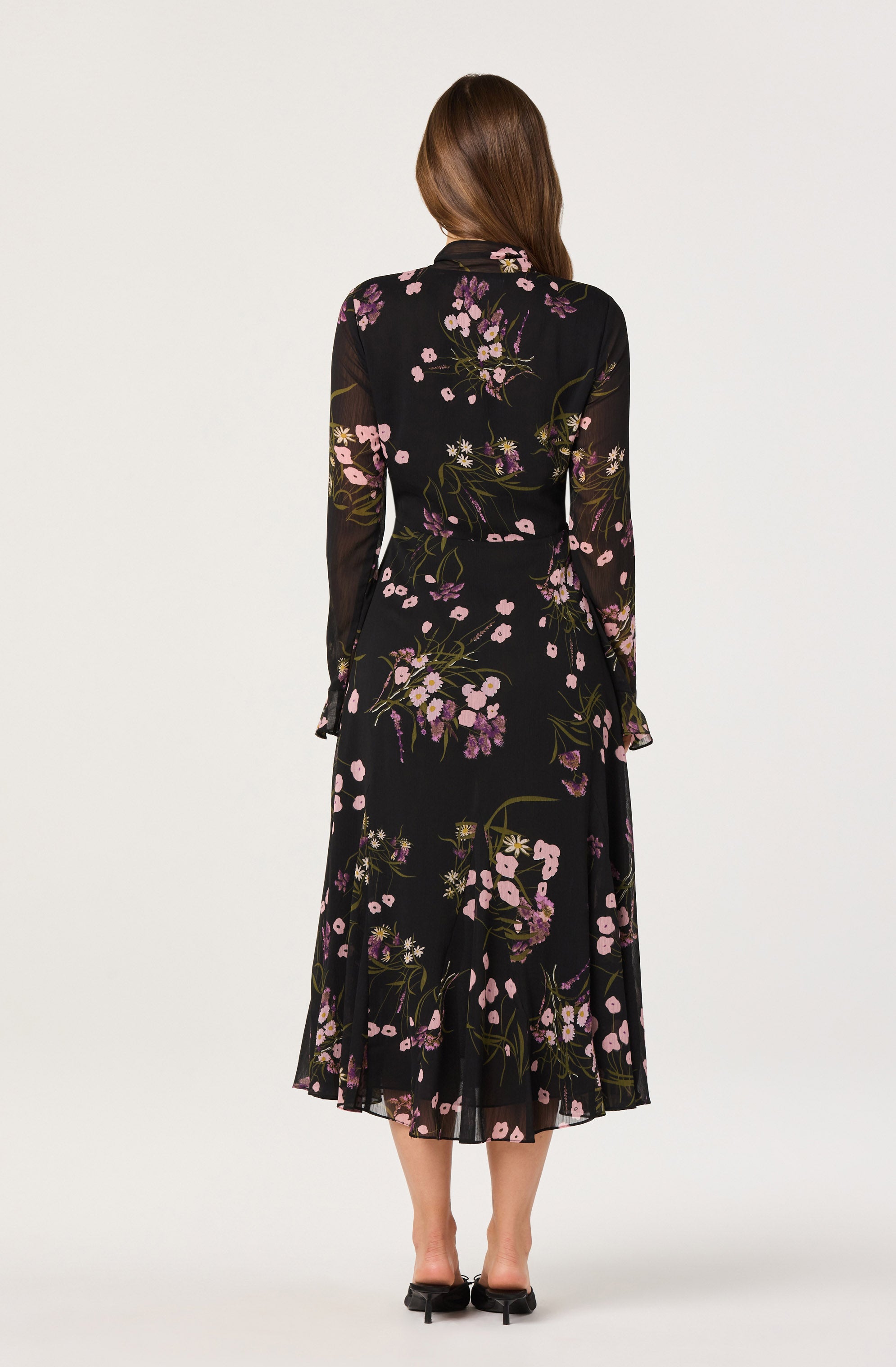 Tie-Neck Ruffled Floral Midi Dress