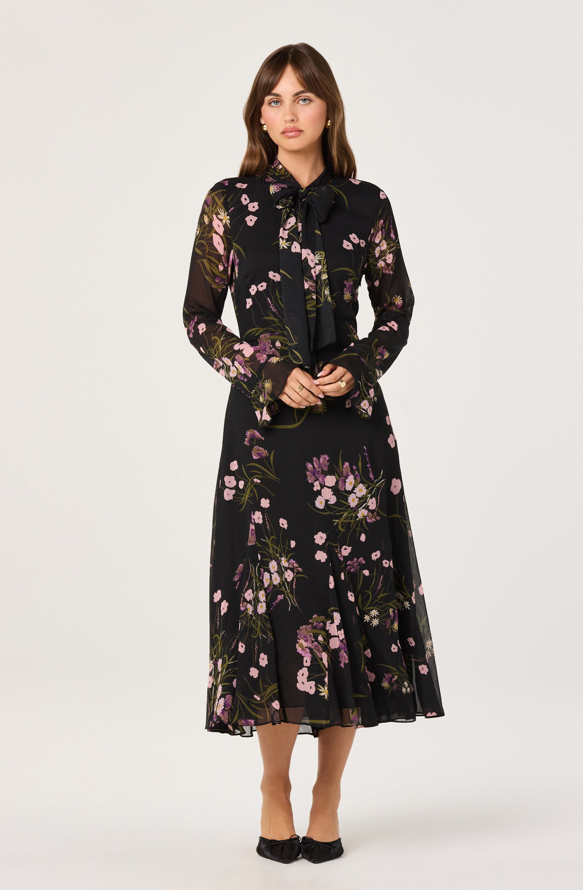 Tie-Neck Ruffled Floral Midi Dress
