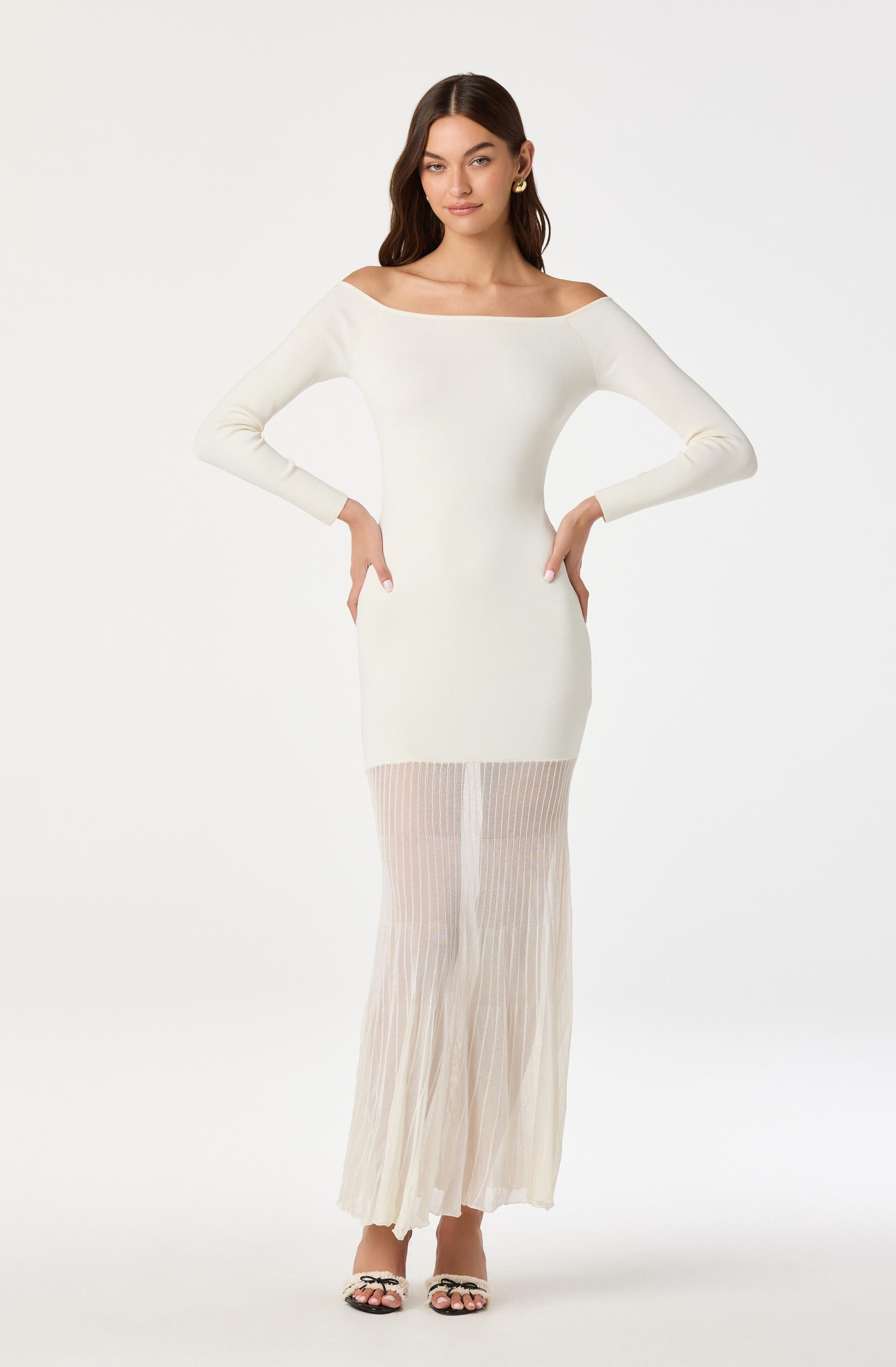 Off Shoulder Mesh Panel Hem Dress