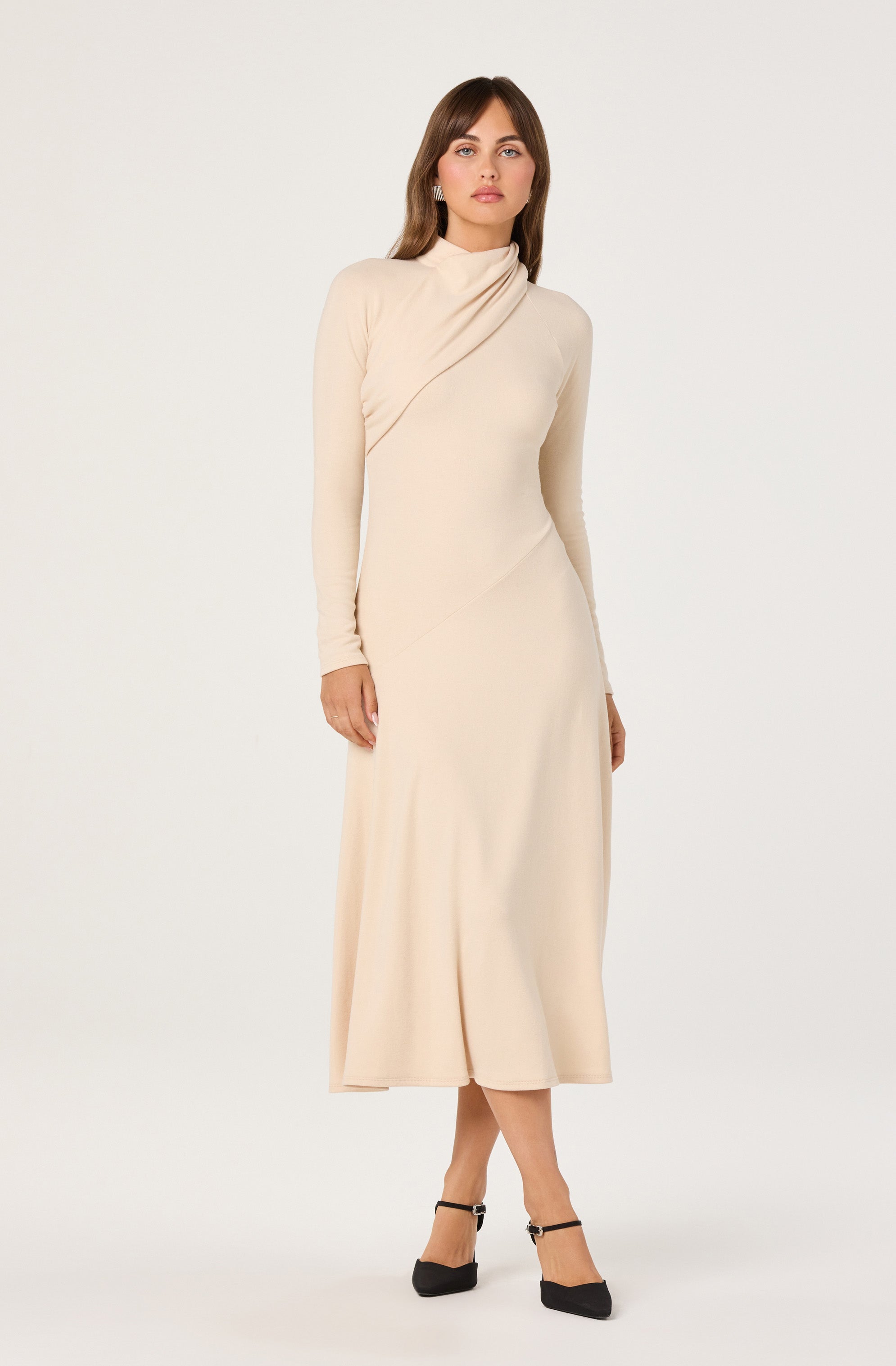 Asymmetric Draped Mock Neck Dress