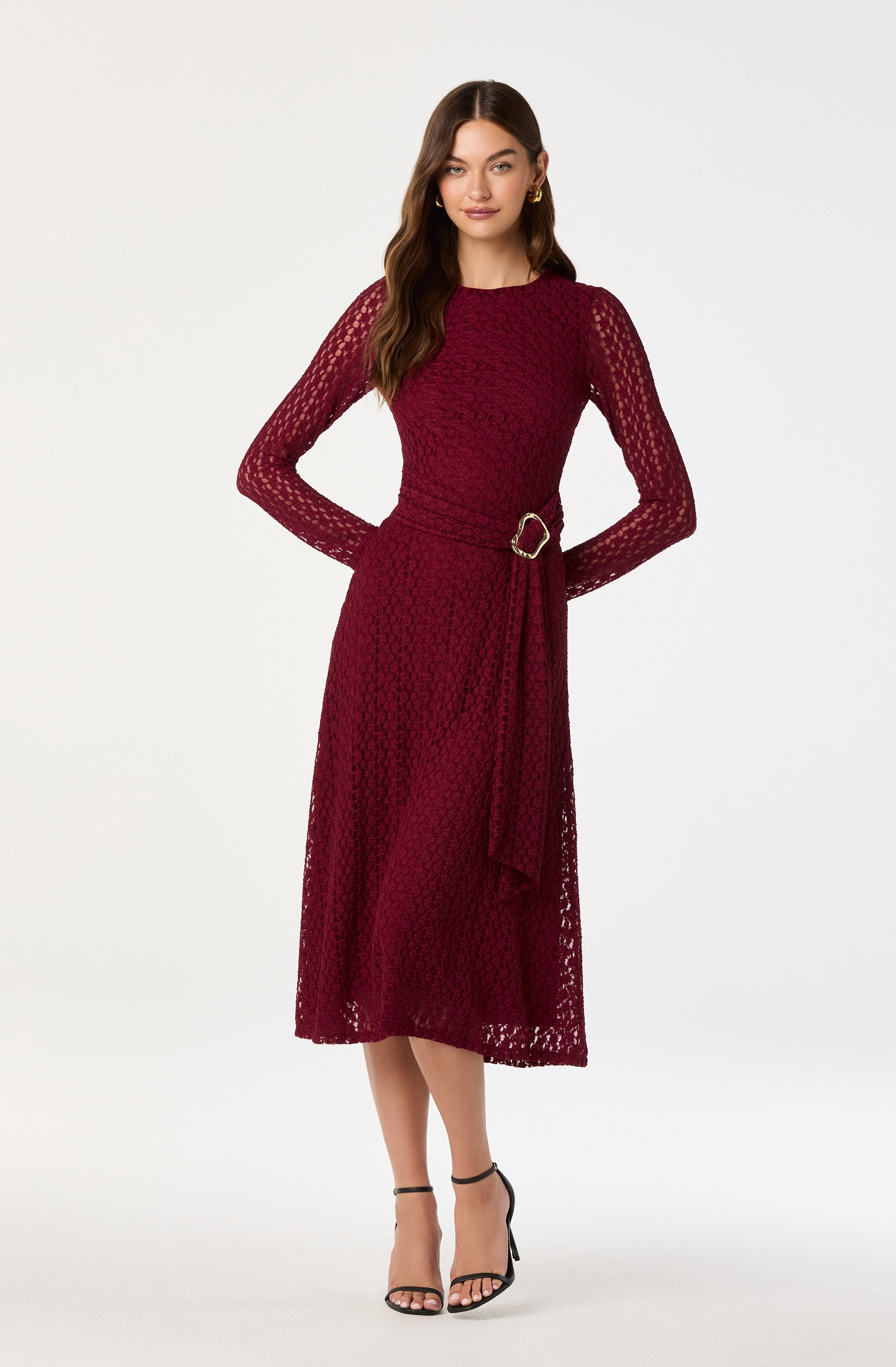 Belted Lace Midi Dress