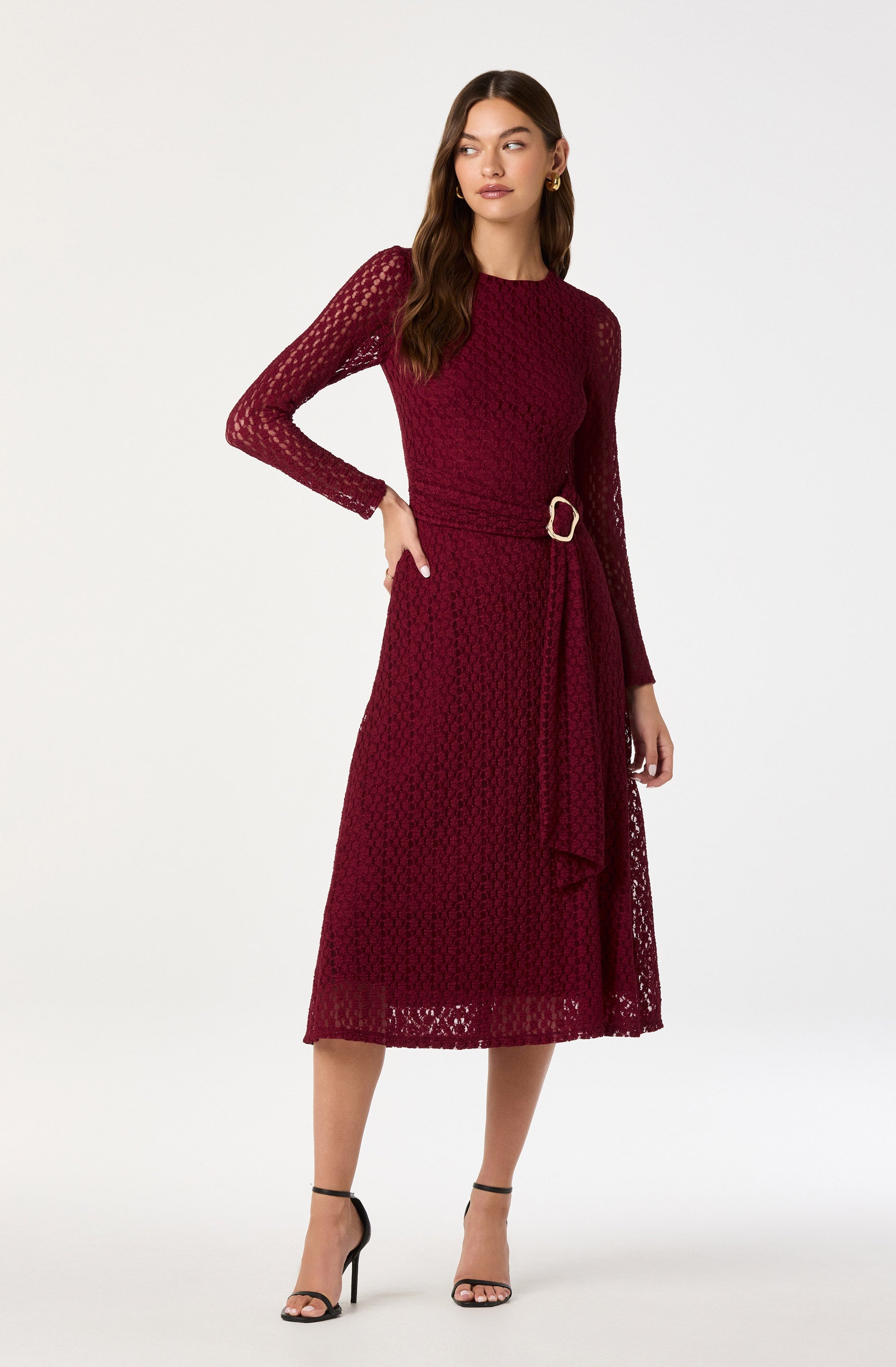 Belted Lace Midi Dress